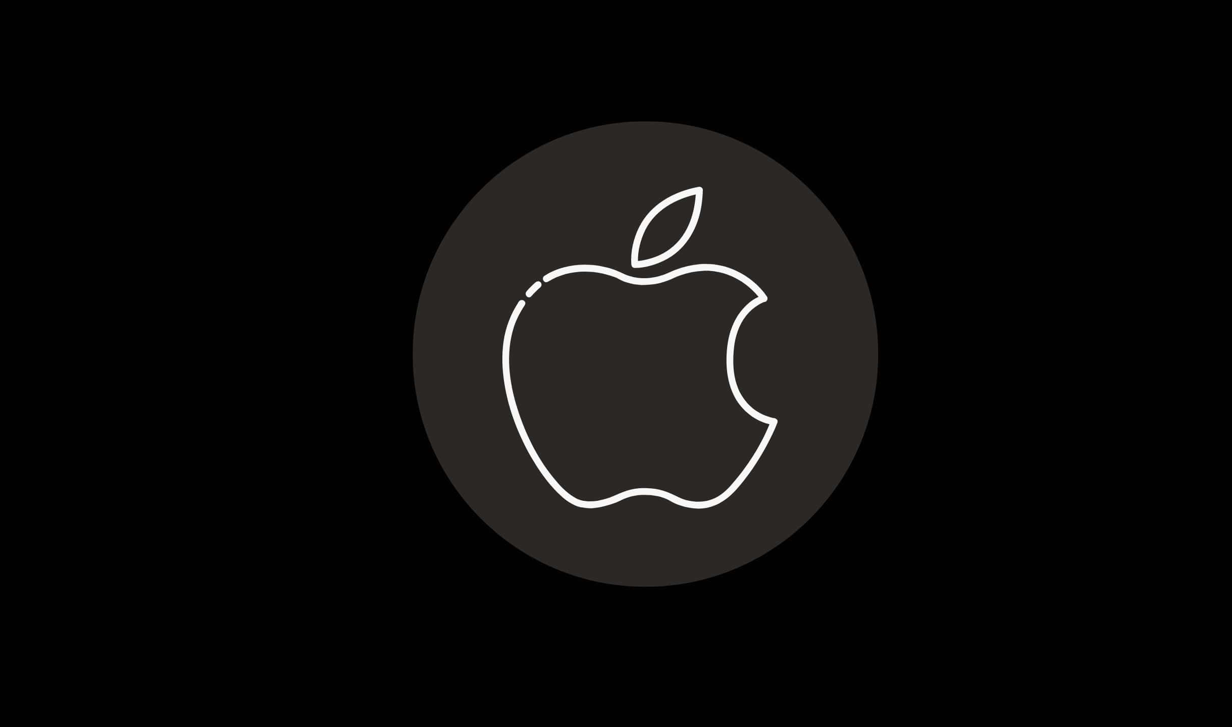 2440x1440 蘋果標誌輪廓背景 壁紙 — 一個極簡的白色Apple標誌輪廓，置中於深灰色圓形上，背景為黑色。