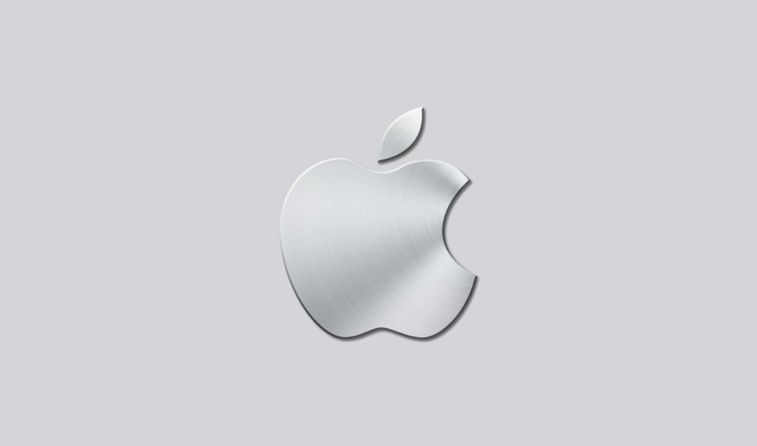 2440x1440 銀灰色 Apple 標誌背景 壁紙 — 一個拉絲金屬蘋果標誌，居中放置在帶有柔和陰影的純淺灰色背景上。