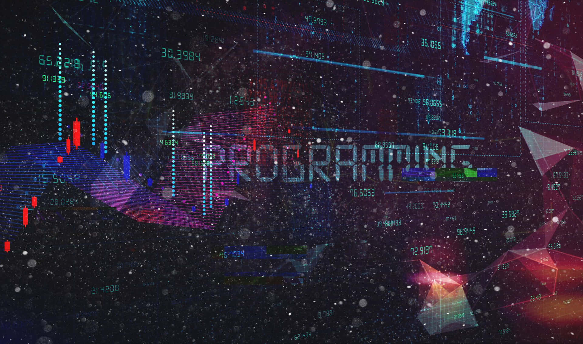 未來主義的數碼數據流和發光數字在宇宙夜空中漂浮，'程式設計'被照亮。
