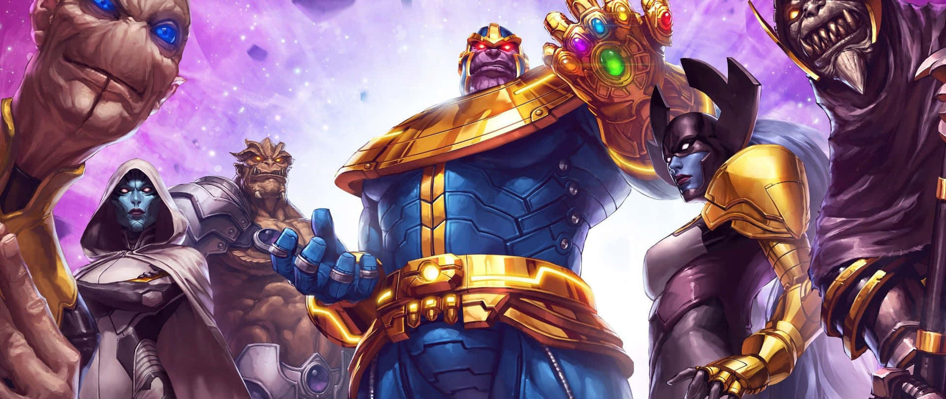 Thanos 手持無限手套，被強大的盟友包圍在宇宙環境中