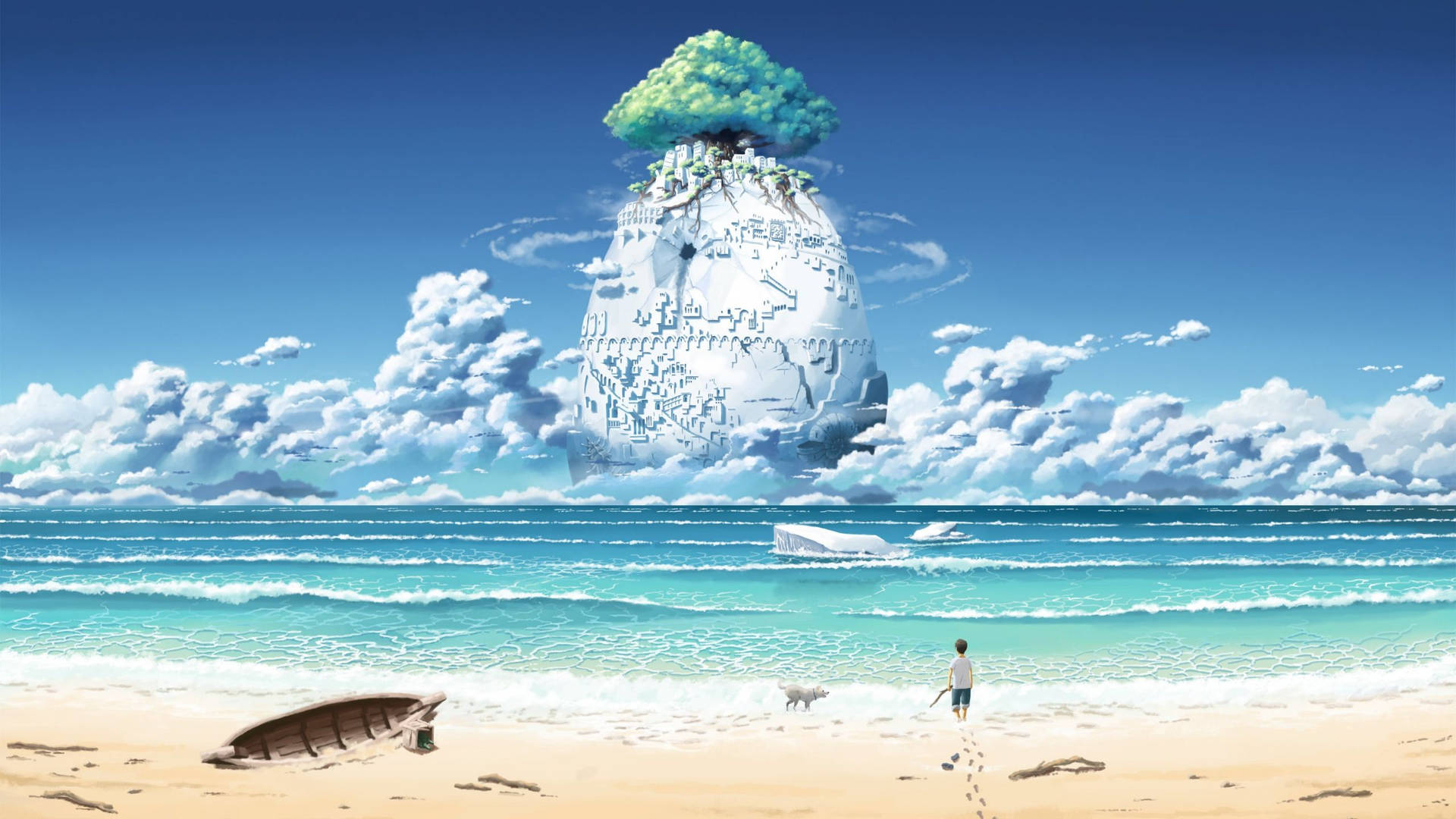 一個男孩和一隻狗在海灘上走向一個有巨樹的浮島。