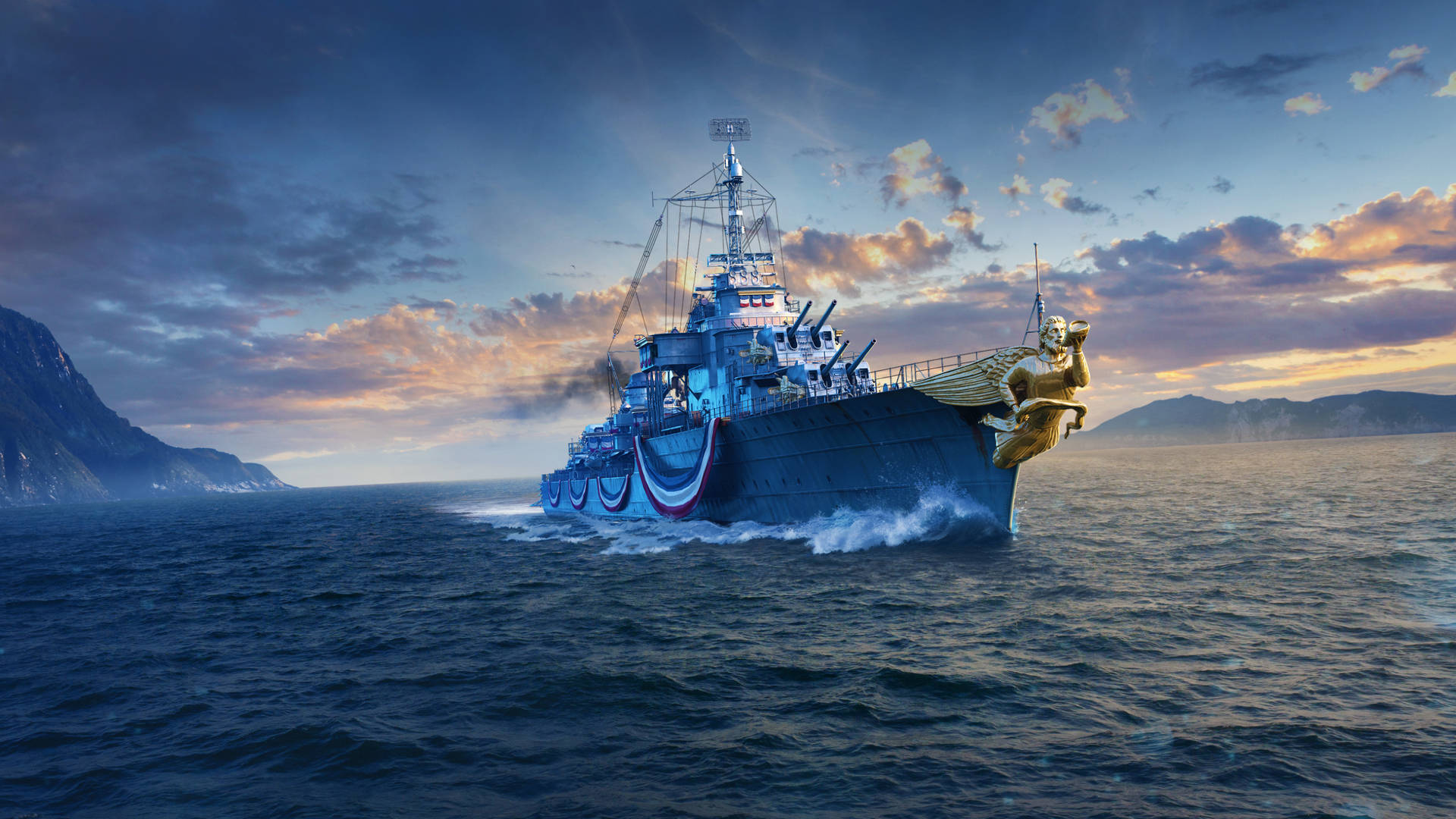 藍色戰艦帶金色船首像在日落時分靠近懸崖航行。