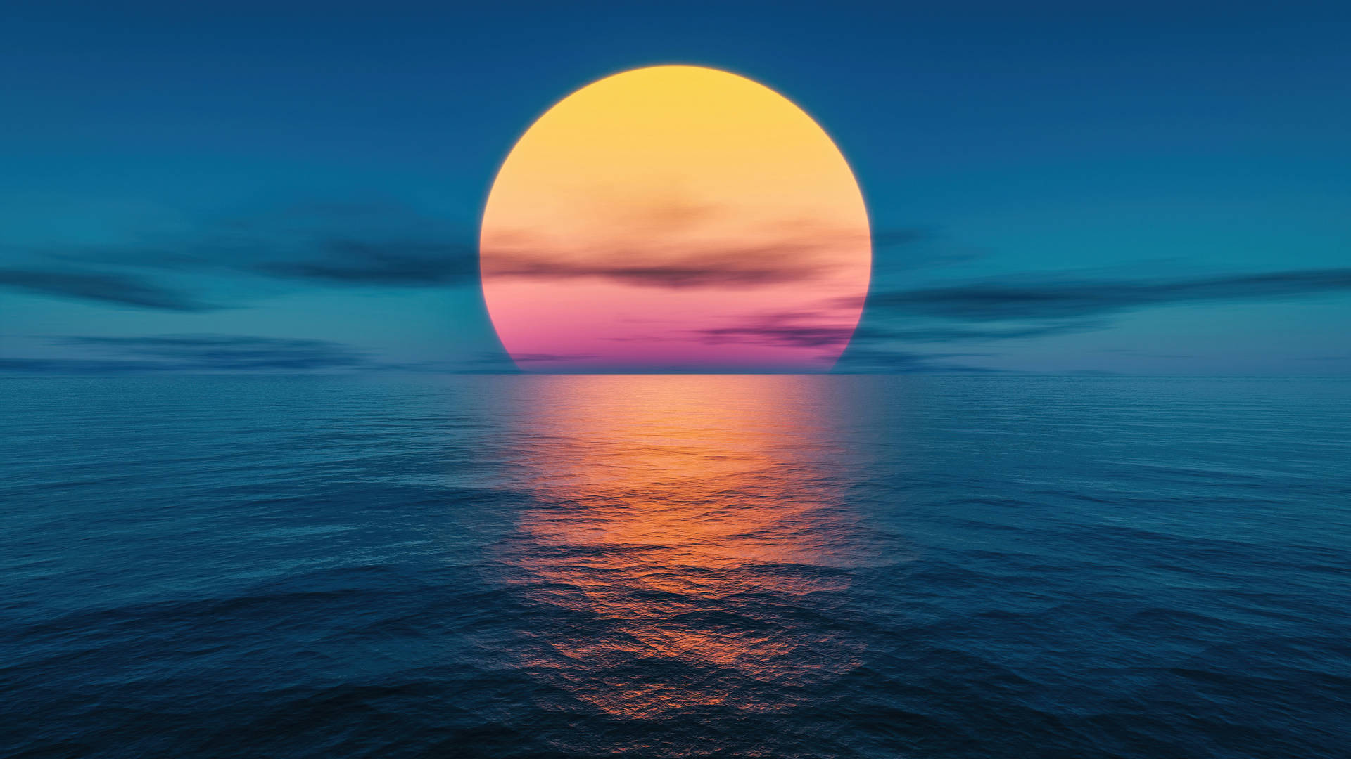 海上日落，鮮豔的橙色和粉紅色色調倒映在平靜的藍色海面上。