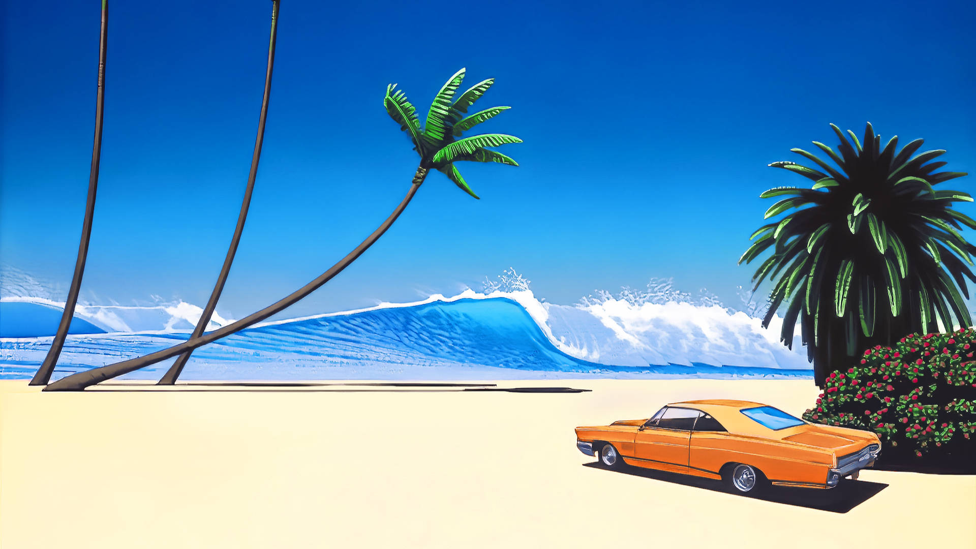 橙色經典汽車停泊在熱帶海灘上，有破碎的海浪和棕櫚樹。