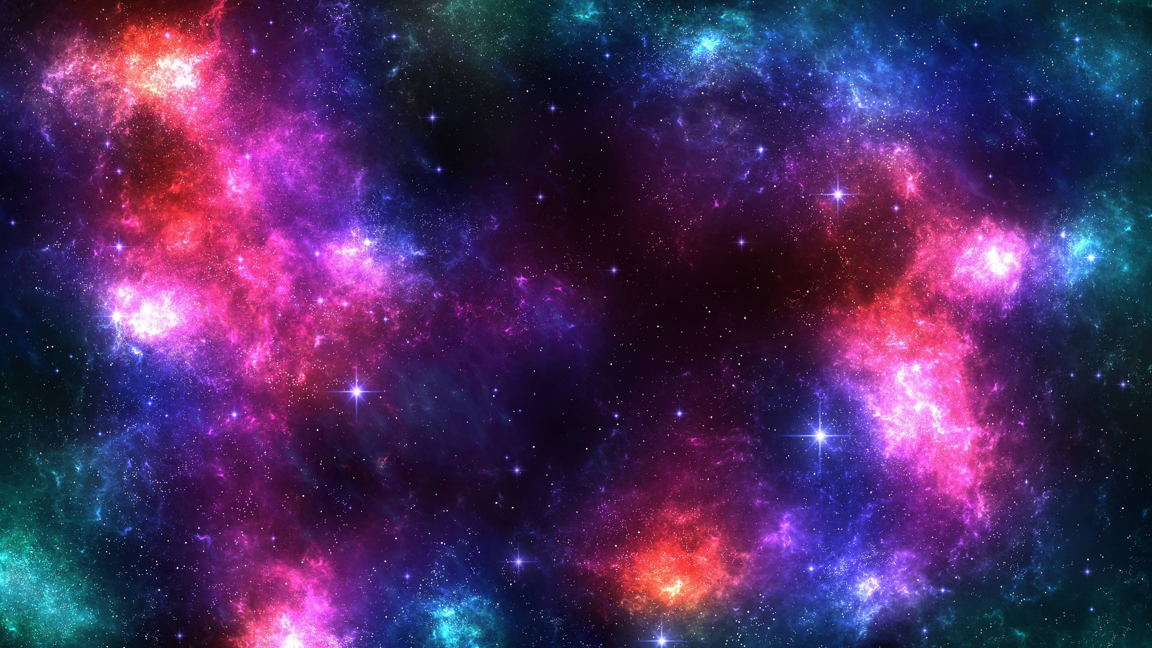 壯觀太空攝影 2560x1440 壁紙 — 充滿活力的宇宙星雲在佈滿星光的黑色虛空中，以電光粉紅、紫色和藍綠色旋轉。