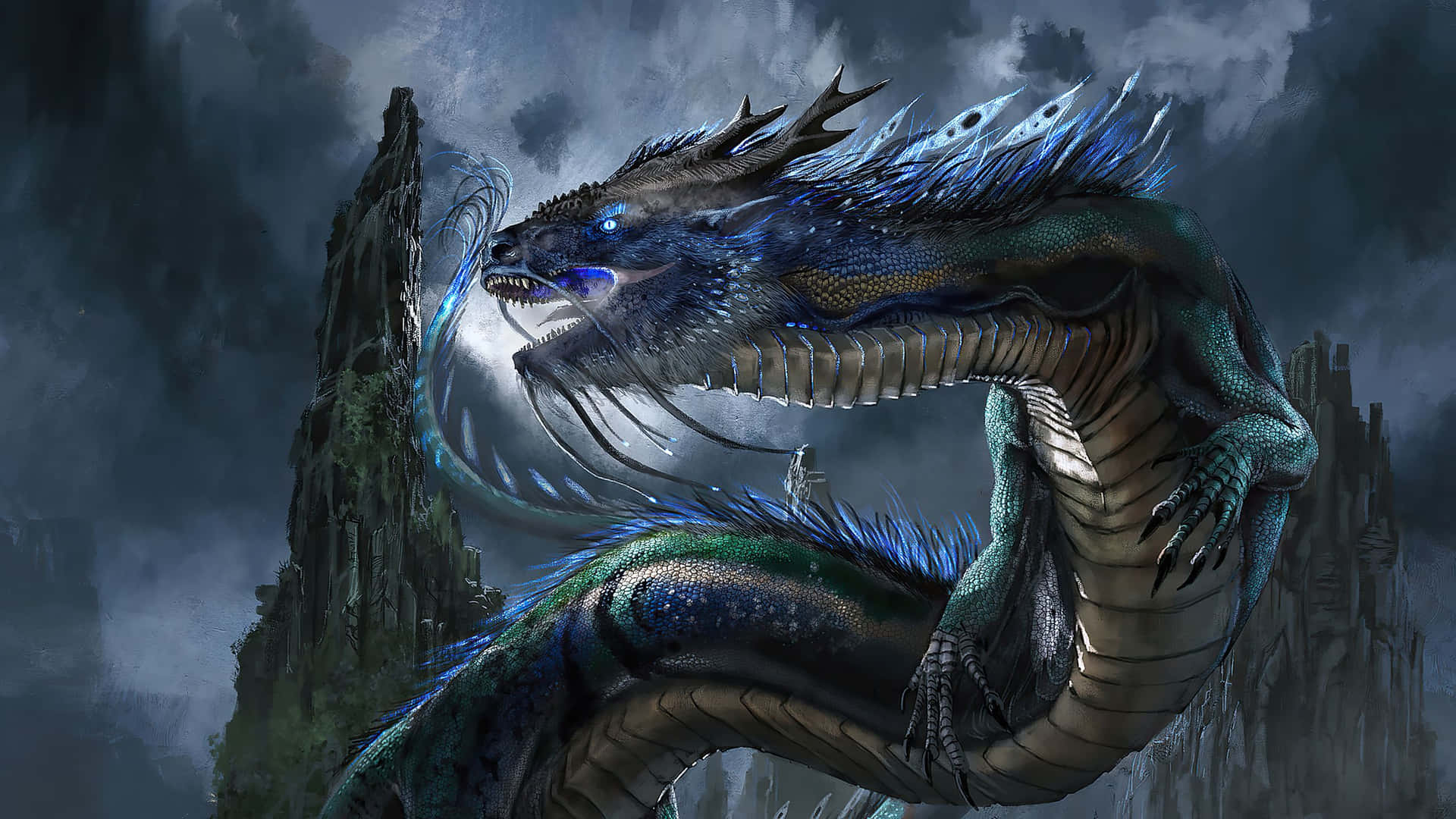 一頭藍綠色龍，眼睛發光，棲息在風暴中的岩石懸崖上。