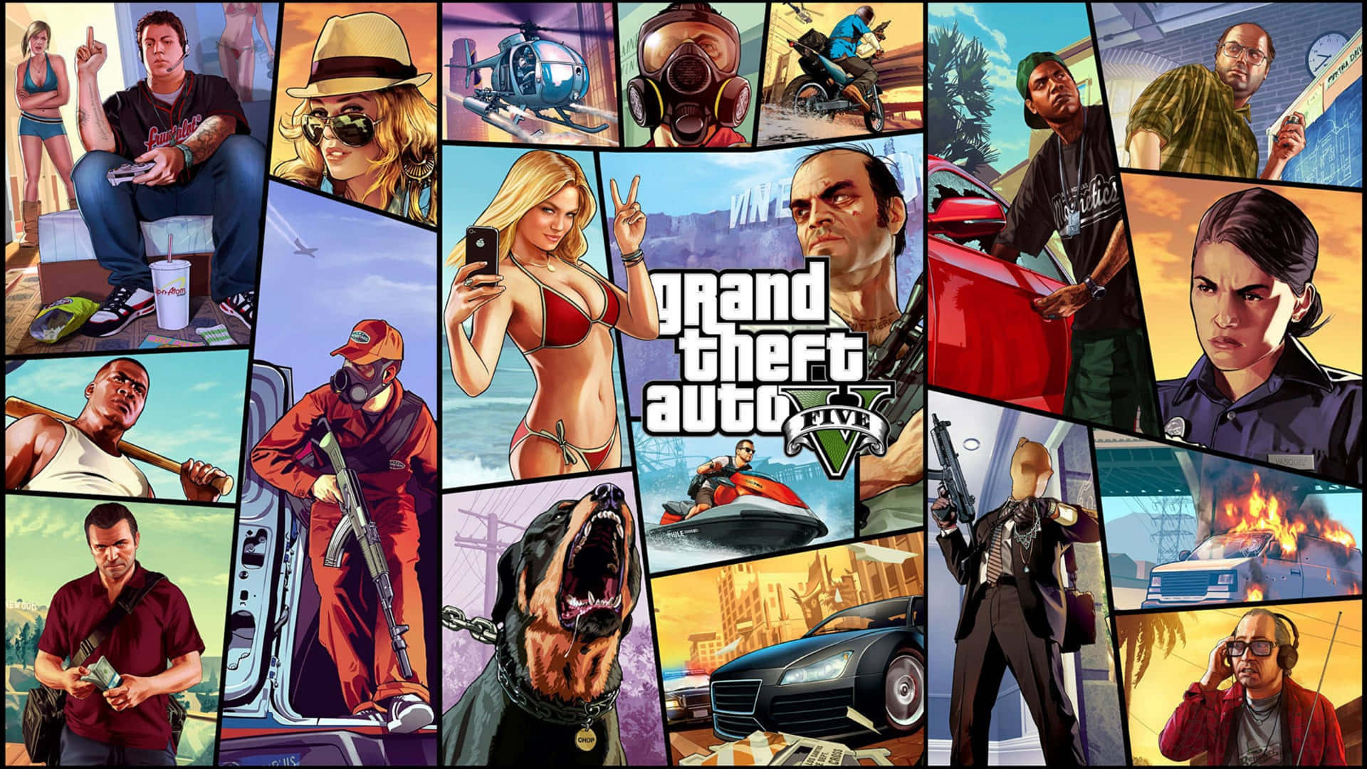 Grand Theft Auto V角色拼貼畫，包含槍支、汽車和混亂