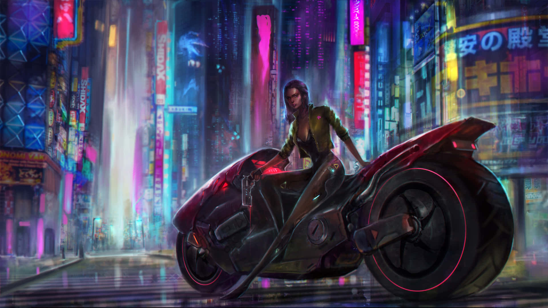 女性在霓虹燈照亮的雨中賽博龐克街道上騎紅色電單車。