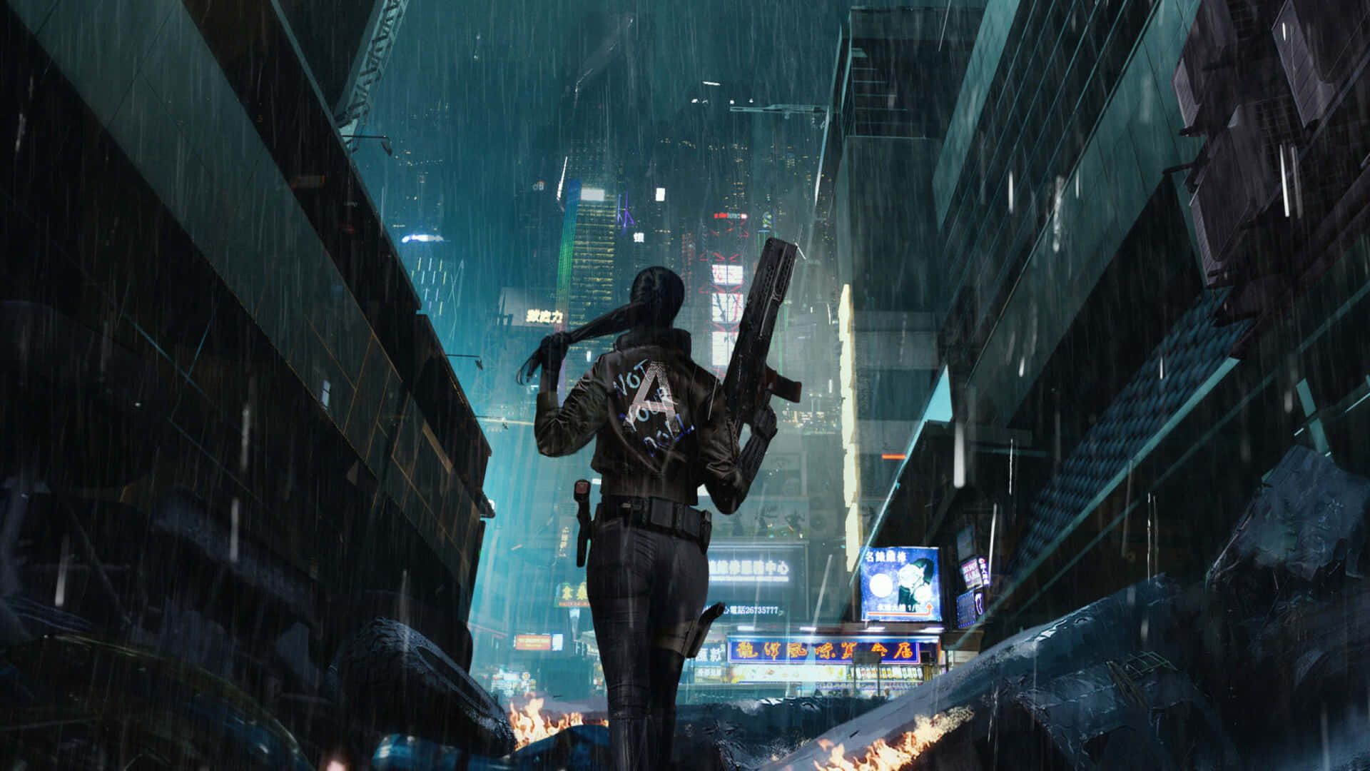 一個士兵拿著步槍，夜晚站在下雨且霓虹燈照亮的城市小巷中，下方有火焰。