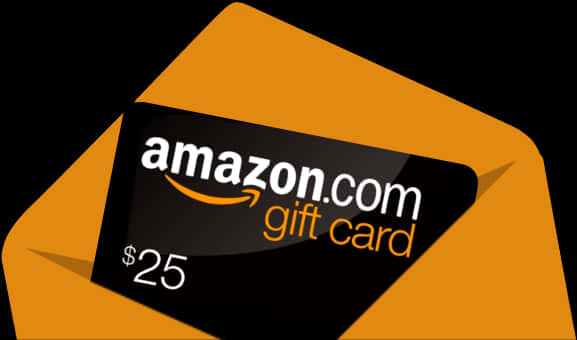 25美元Amazon禮品卡 壁紙 — 一張價值25美元的亞馬遜禮品卡放在一個打開的橙色信封內，背景為黑色。