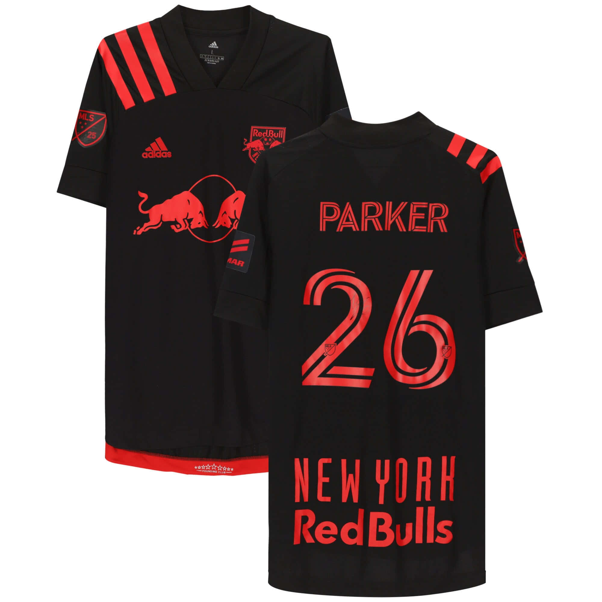 26號紐約紅牛隊Tim Parker 壁紙 — 黑色紐約紅牛足球球衣，背面顯眼地印有紅色26號和名字PARKER。