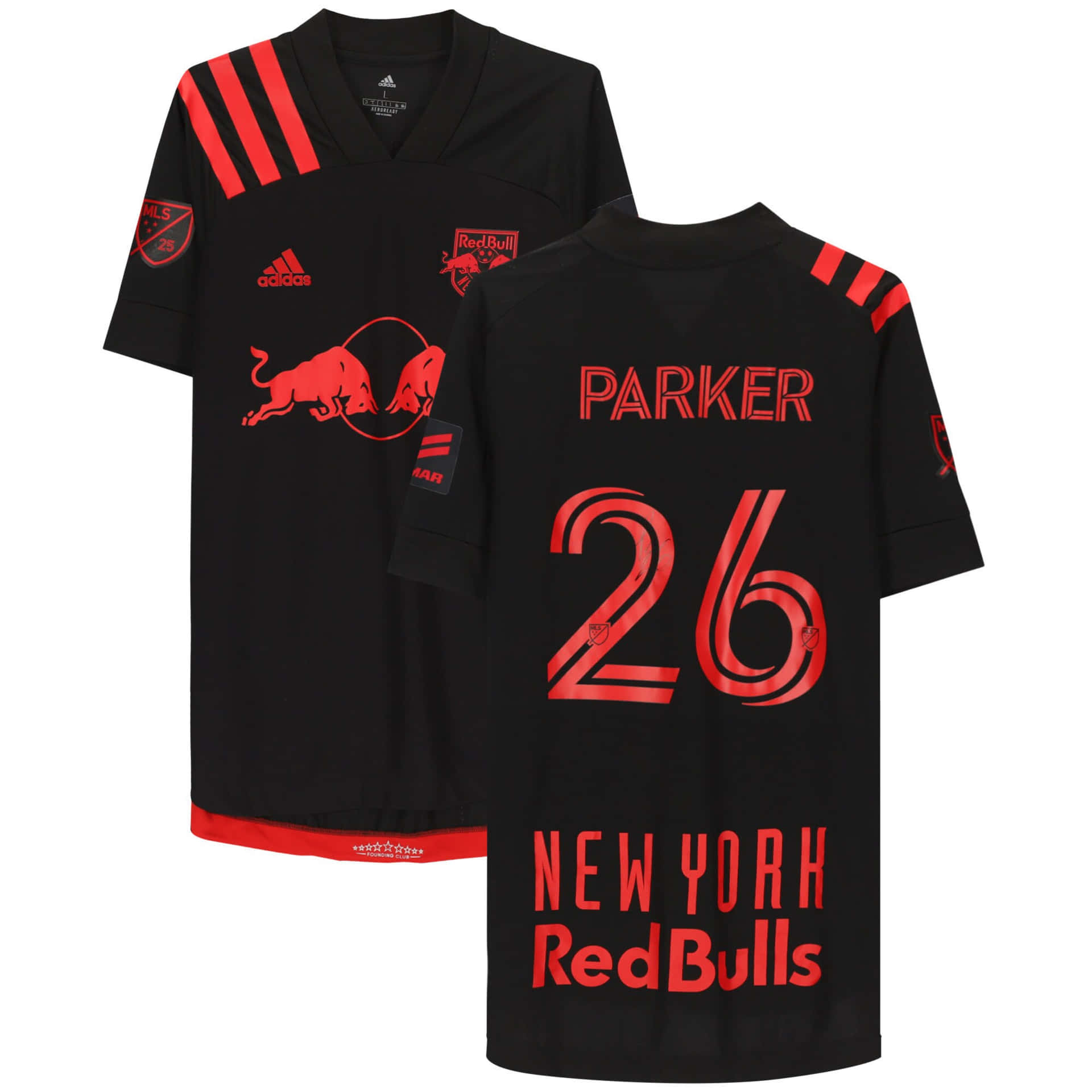 黑色足球球衣，印有紅色26號和名字Parker，適用於紐約紅牛。