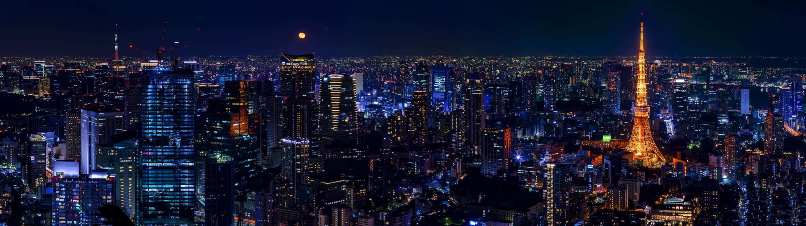 夜晚的東京城市景觀，發光的建築物和標誌性的東京鐵塔。