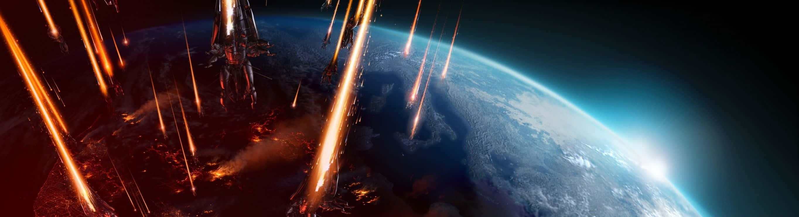 太空站繞地球運行，熾熱的流星軌跡劃過。