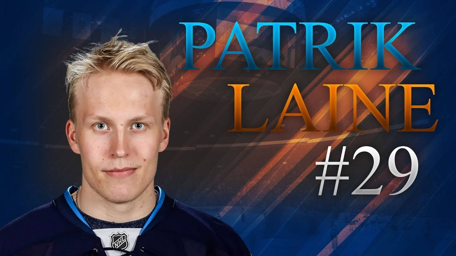 29號帕特里克·萊恩數位海報 壁紙 — 冰球運動員 Patrik Laine 的肖像，身穿印有粗體名字和號碼的球衣，背景為動感的藍色和橙色抽象圖案。