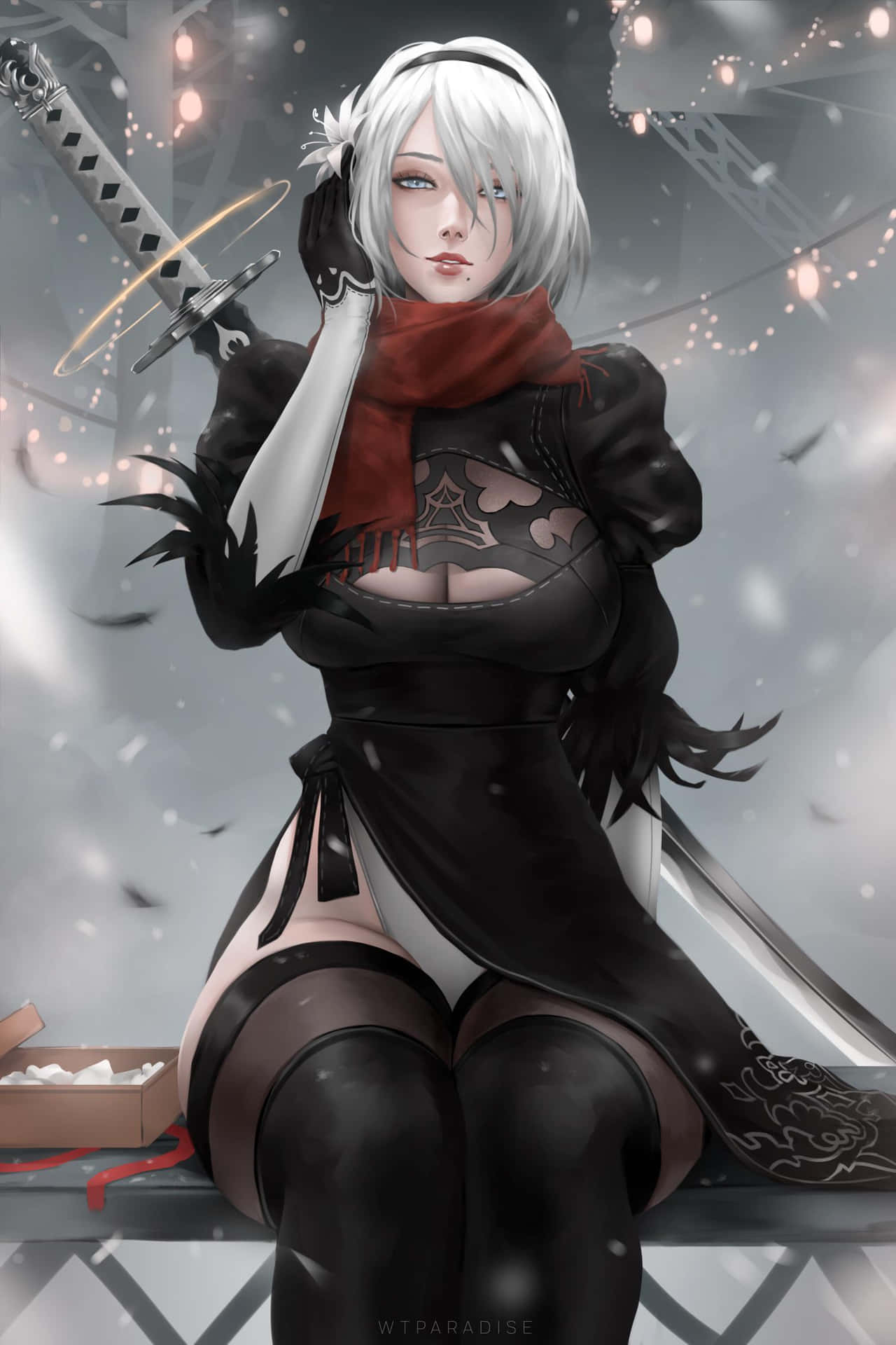 白髮動漫女孩在雪景中手持發光的劍。