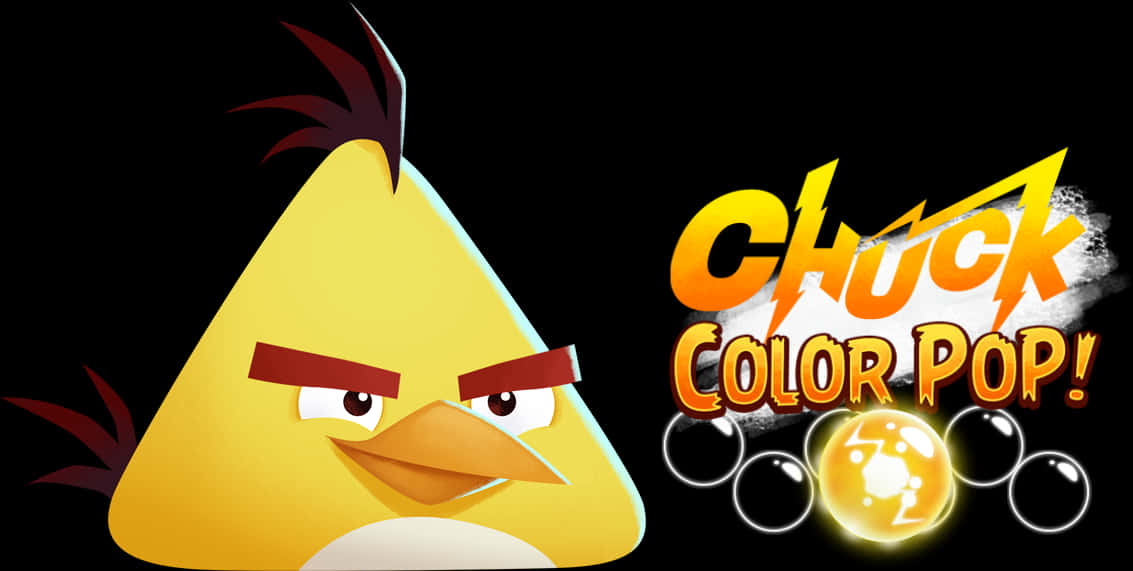 《憤怒鳥電影2》Chuck Color Pop! 推廣圖 壁紙 — 一隻黃色嘅Angry Birds角色，有紅色眉毛同黑色簇狀羽毛，喺'Chuck Color Pop!'標誌旁邊怒視。