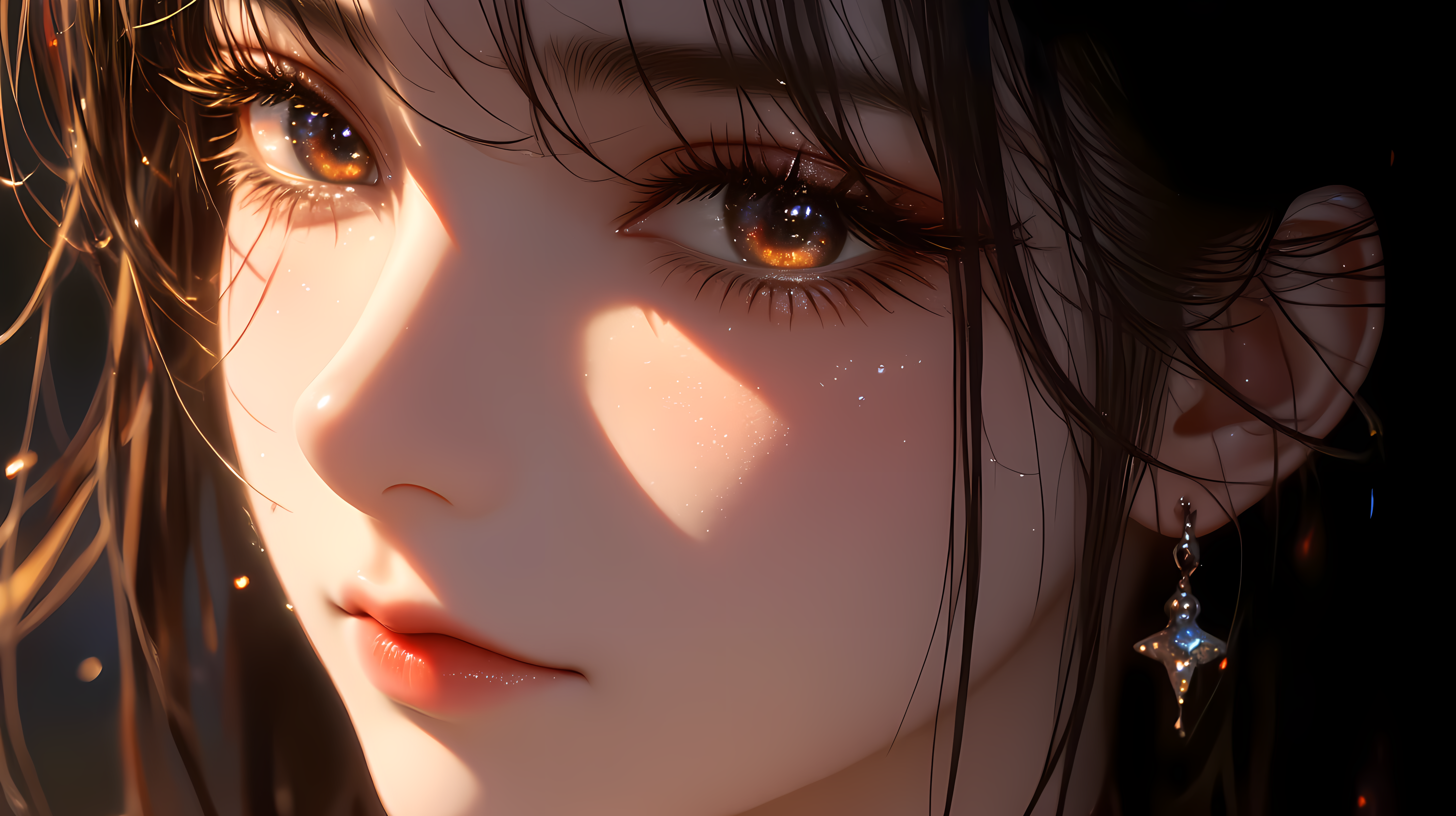 2D 女孩 壁紙 — 年輕女性臉部的特寫，沐浴在溫暖的金色光線中，帶有閃爍的微粒和星形耳環。