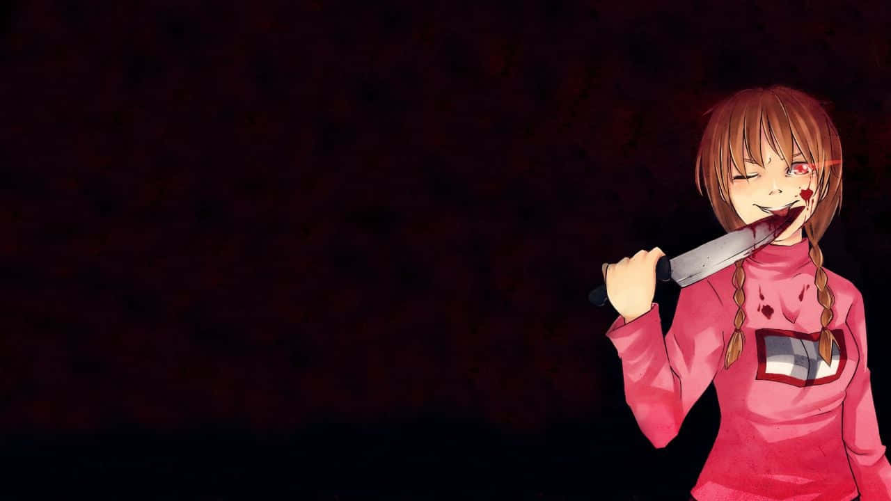 強烈黑紅色調的 2D 動漫圖像 壁紙 — 一個邪惡的動漫女孩，辮子頭髮，在黑暗背景下將血淋淋的刀放在嘴邊。