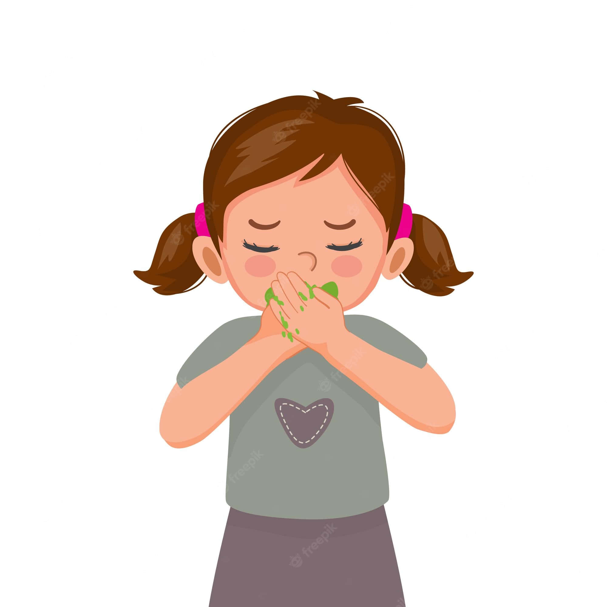噁心小女孩2D插畫 壁紙 — 一個可愛的卡通女孩，棕色辮子，用綠色黏糊糊的手捂住嘴巴，閉著眼睛。
