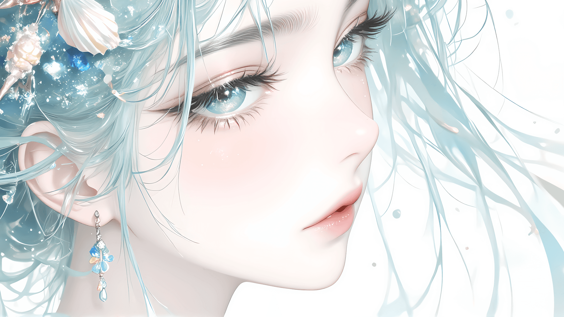 2D 女孩 壁紙 — 一個寧靜的動漫風格美人魚，擁有淺藍色頭髮和眼睛，飾有貝殼和閃閃發光的水滴。