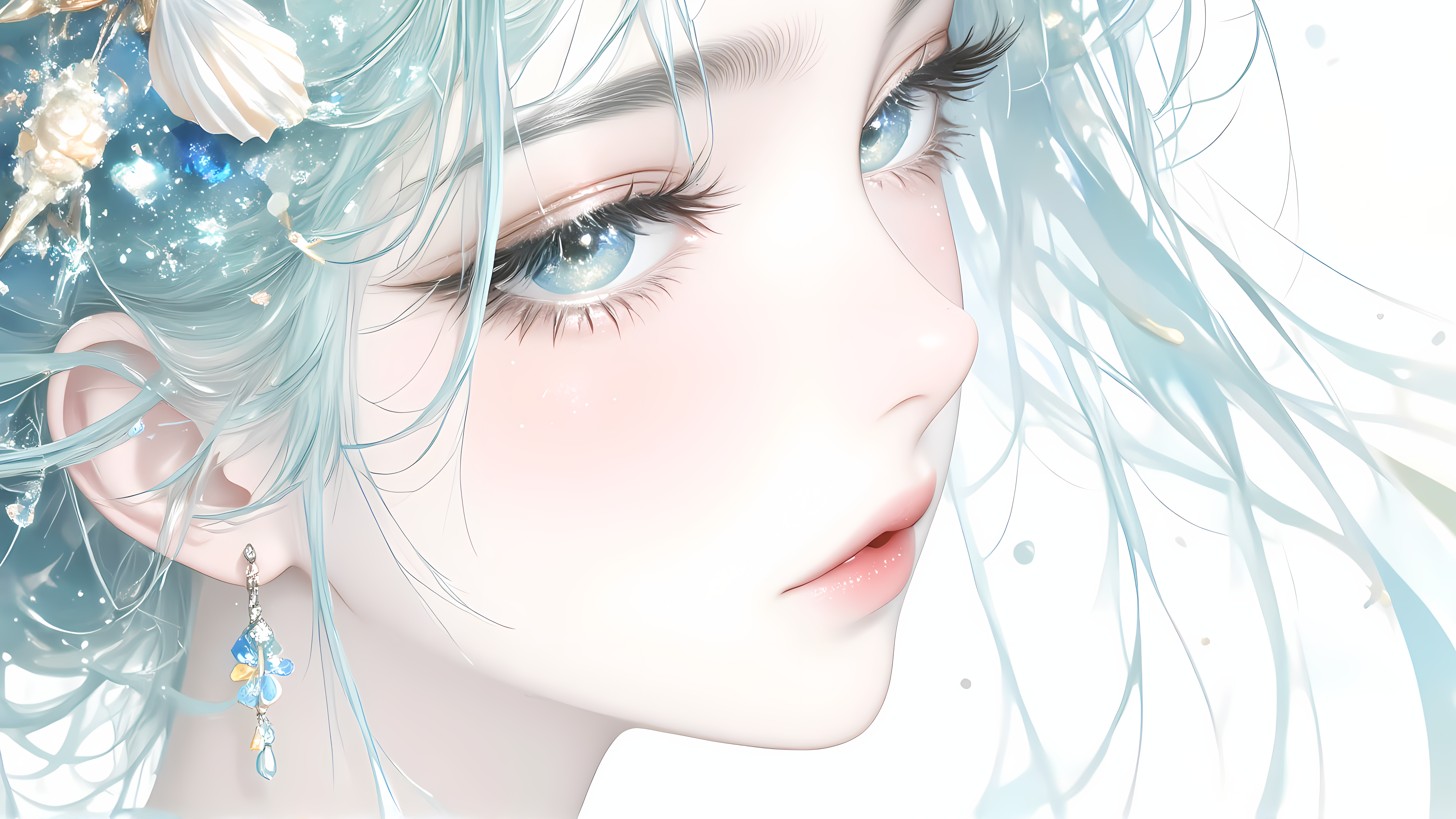 2D 女孩 壁紙 — 一個寧靜的動漫風格美人魚，擁有淺藍色頭髮和眼睛，飾有貝殼和閃閃發光的水滴。