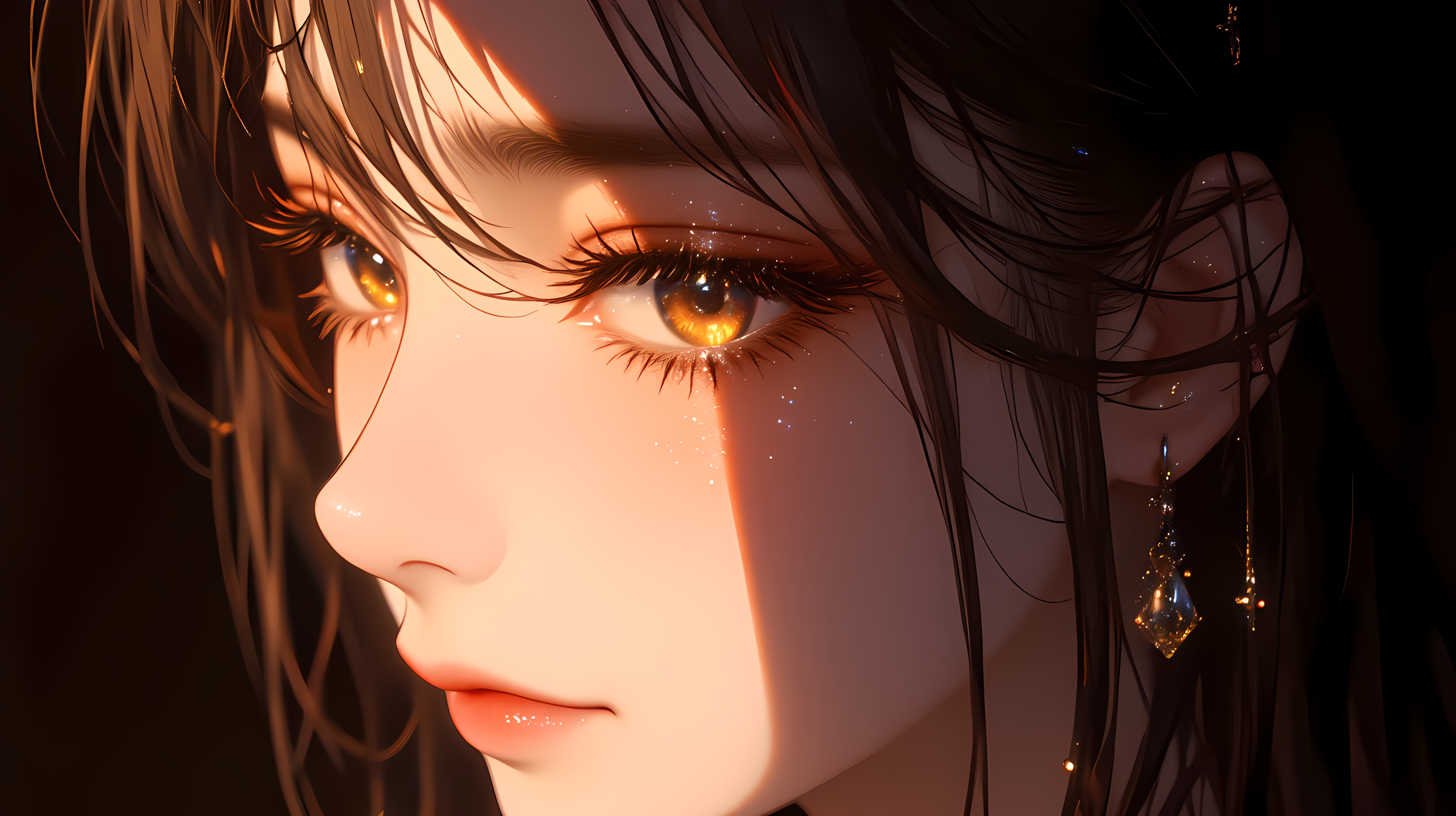 2D 女孩 壁紙 — 年輕女子臉部特寫，沐浴在溫暖的金色光芒中，長黑髮和閃爍的琥珀色眼睛。
