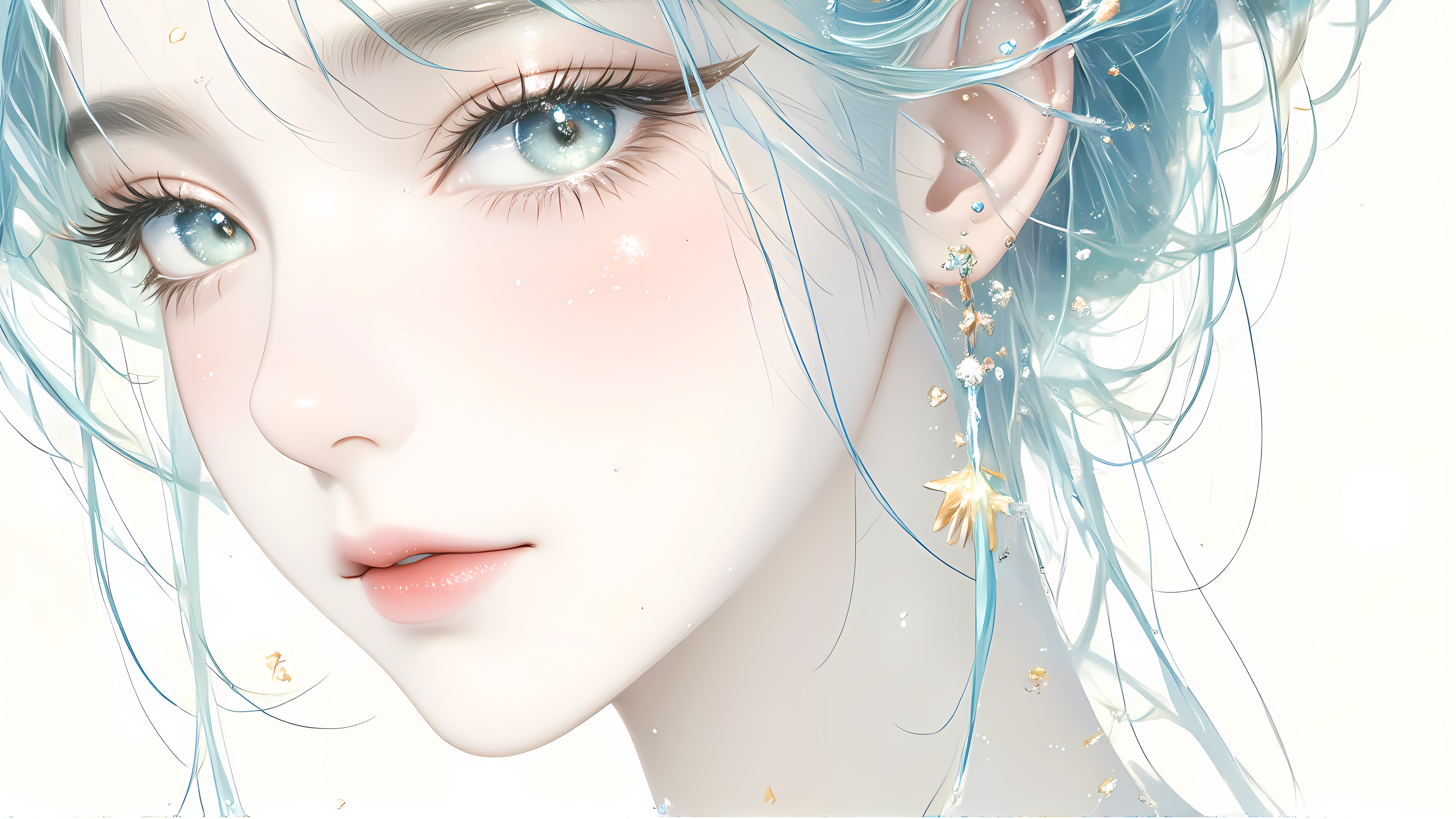 2D 女孩 壁紙 — 一個寧靜的動漫女孩特寫，擁有淺藍色頭髮和眼睛，戴著閃閃發光的金色星形耳環，背景是柔和的白色。