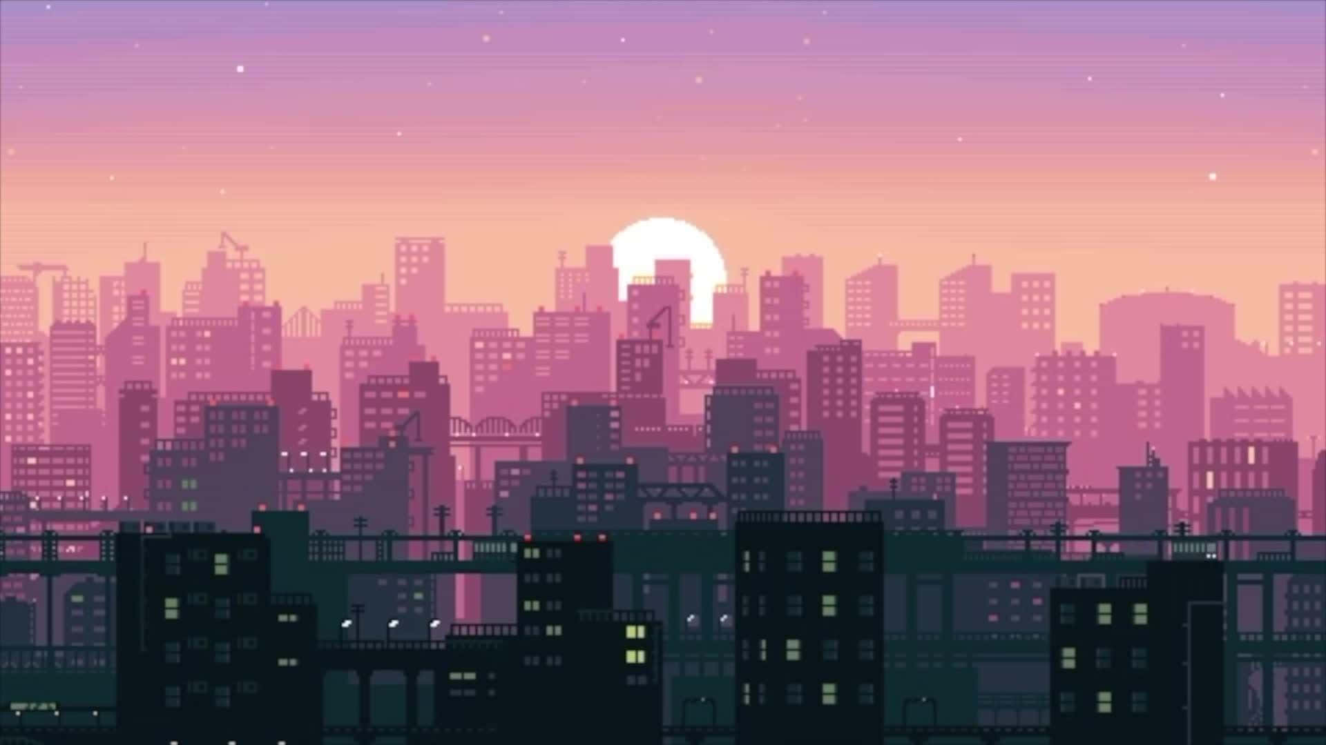 黃昏時分的像素化城市景觀，發光的太陽和亮著的窗戶映襯著粉紫色的天空。