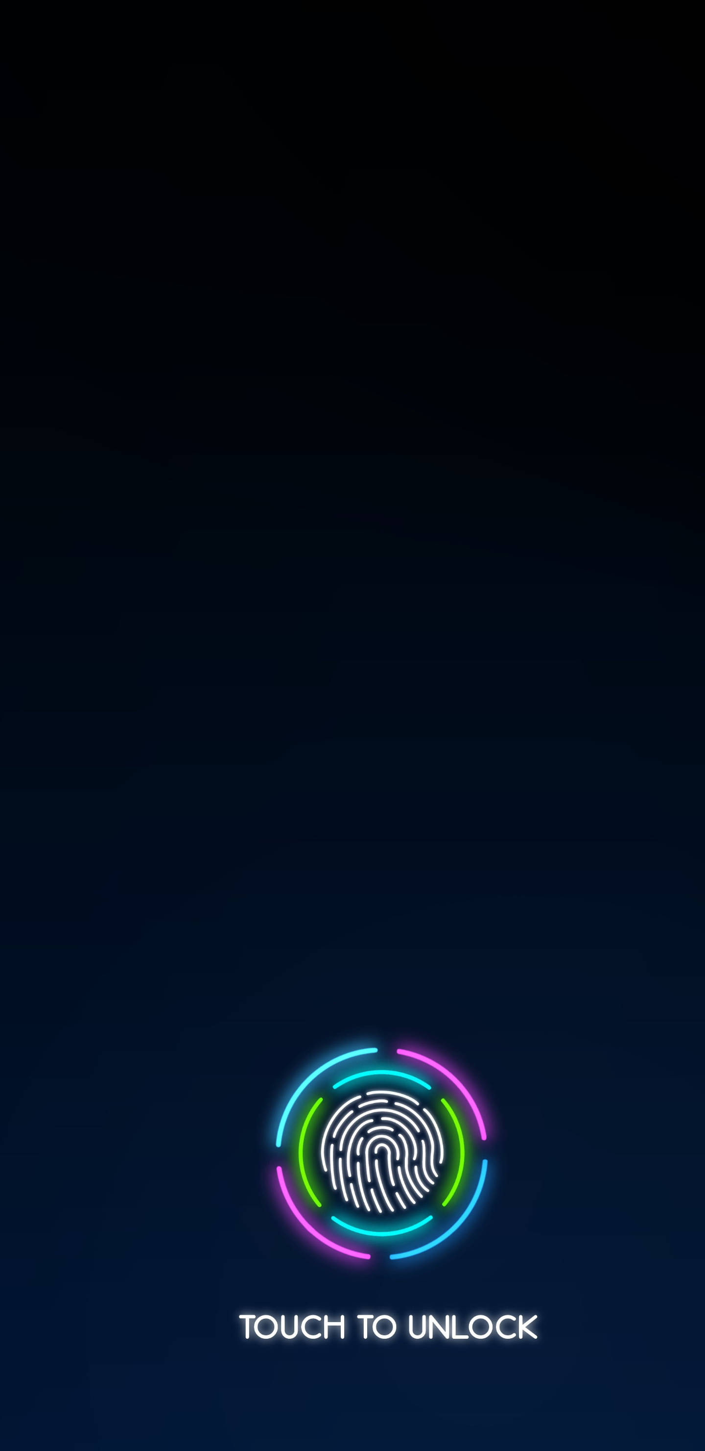 彩色指紋 2K AMOLED 壁紙 — 一個發光的指紋掃描器，帶有彩虹霓虹環，居中在深色漸變背景上，並帶有 touch to unlock 文字。