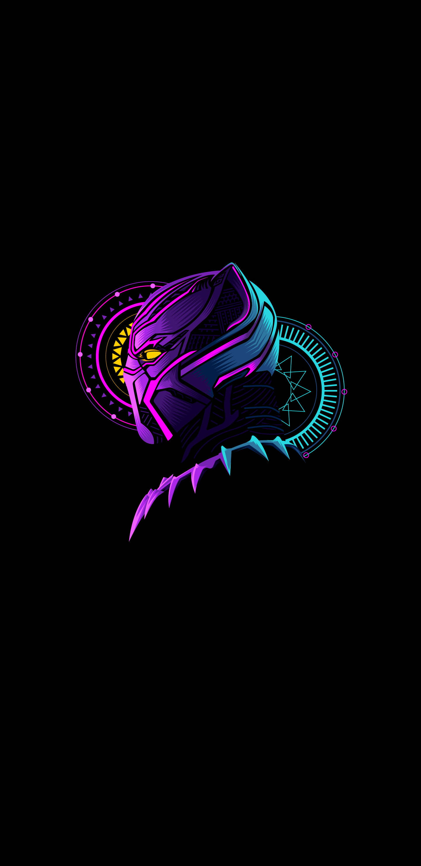 黑豹 2K AMOLED 壁紙 — 一個霓虹紫色和青色的豹頭，帶有發光的黃色眼睛和幾何圓形設計，背景為黑色。