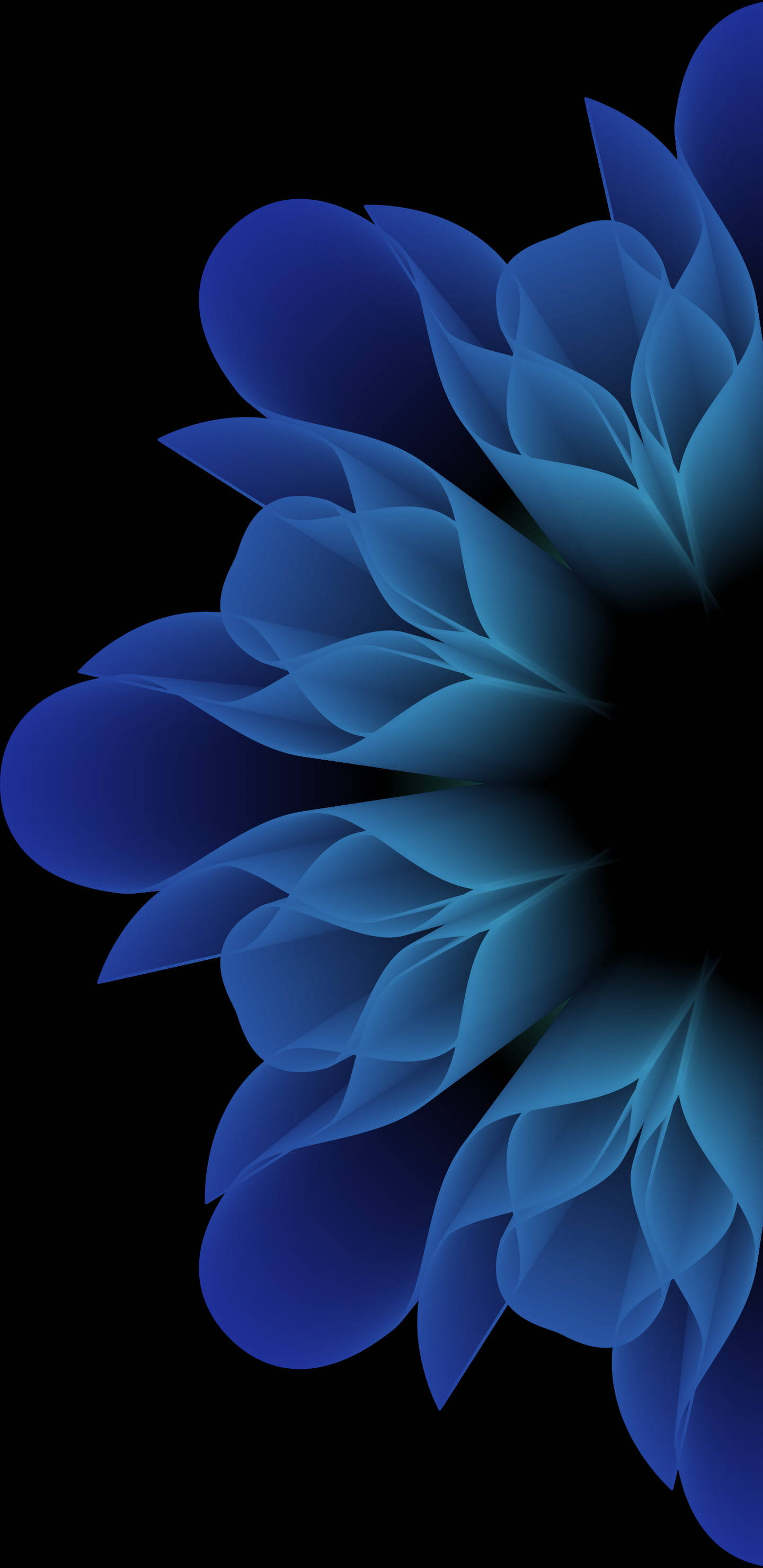 藍色波浪花 2K AMOLED 壁紙 — 一朵風格化的藍色抽象花朵，帶有層疊花瓣，在黑色背景上發光。
