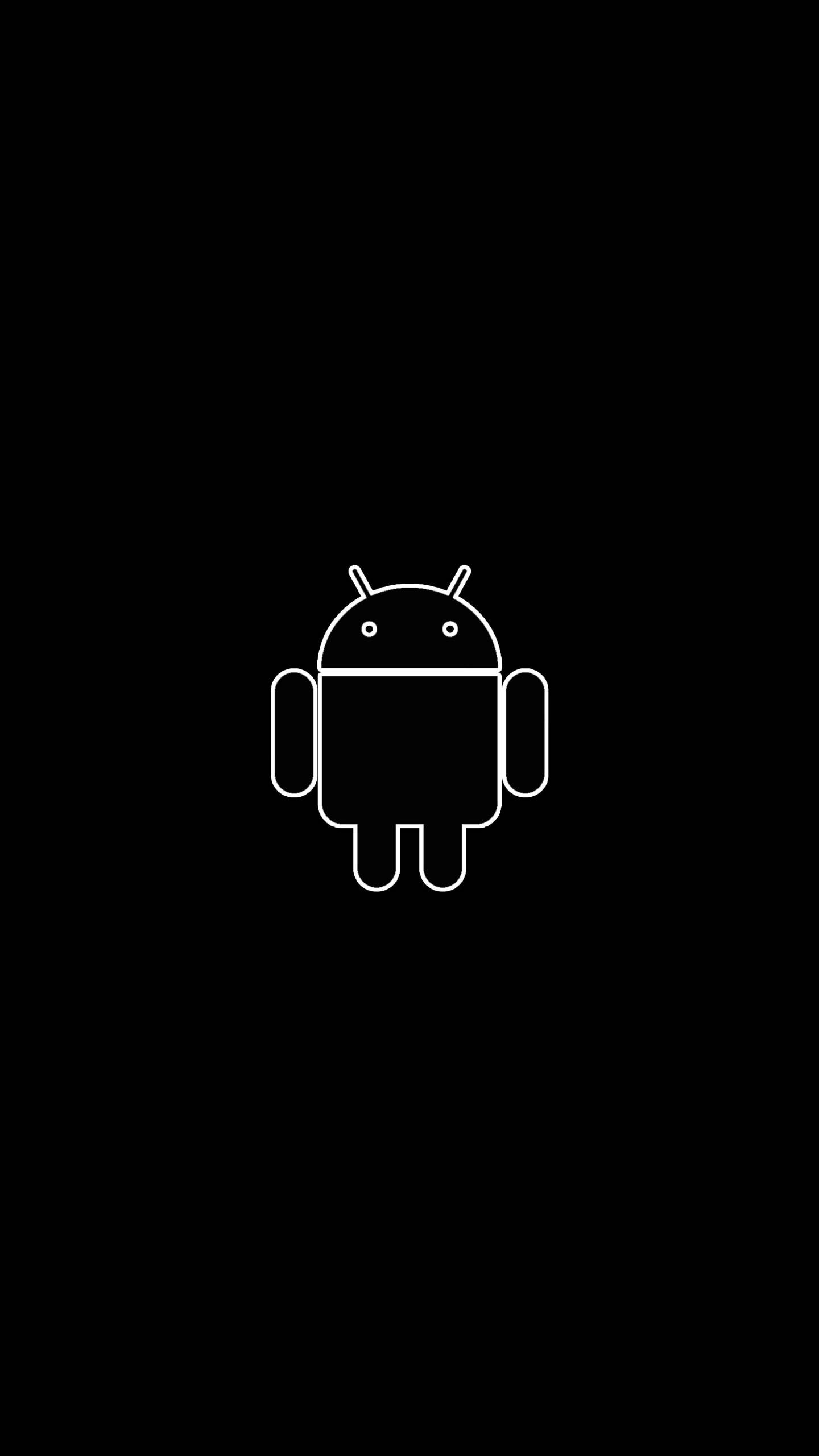 簡約安卓標誌 2K AMOLED 壁紙 — 一個極簡風格的白色線條繪畫，Android 機械人圖示居中於純黑色背景上。