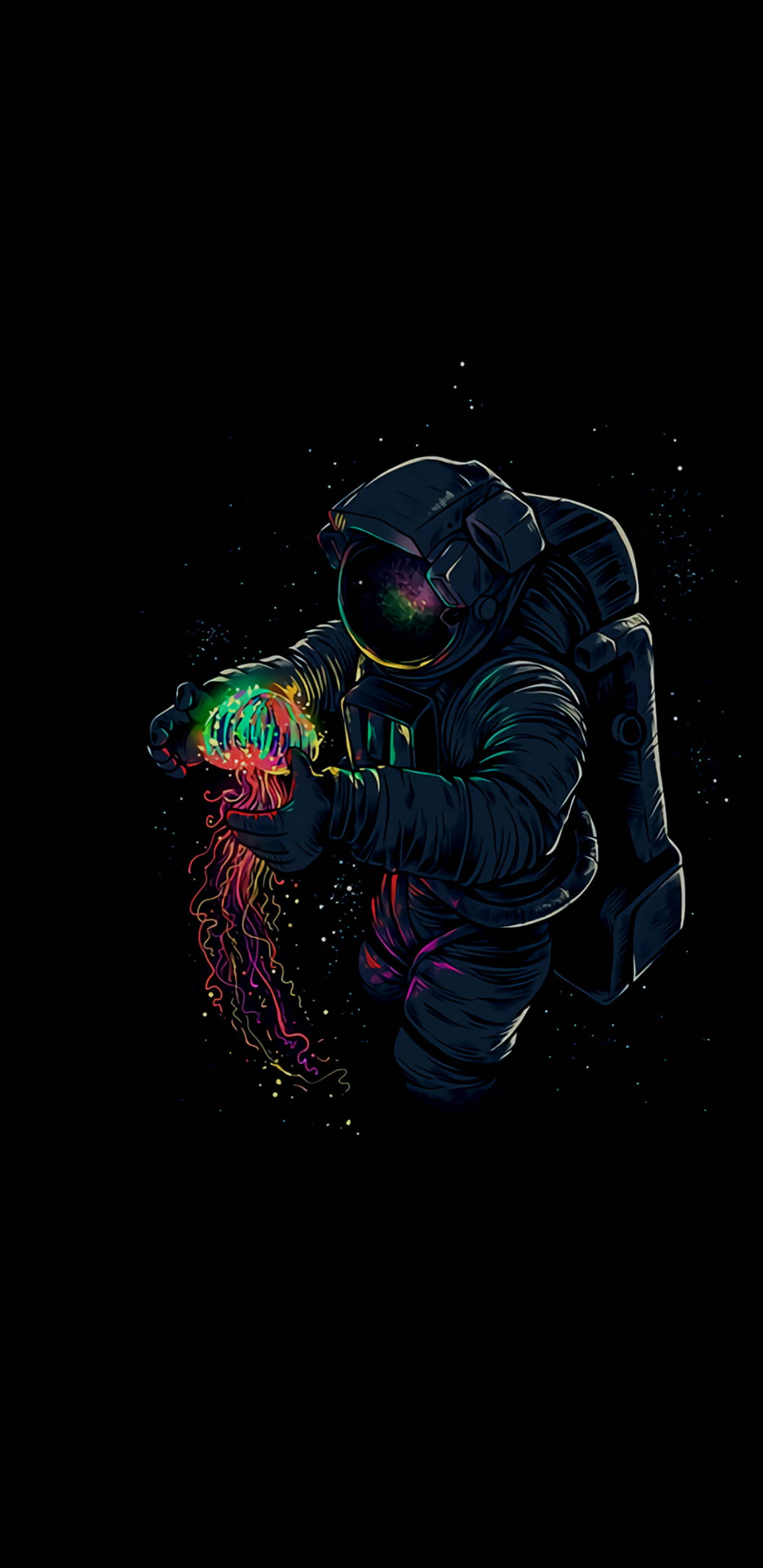 宇航員手持水母 2K AMOLED 壁紙 — 一位身穿深色太空衣的太空人，在佈滿星空的黑色虛空中，輕輕捧著一隻發光的霓虹水母。