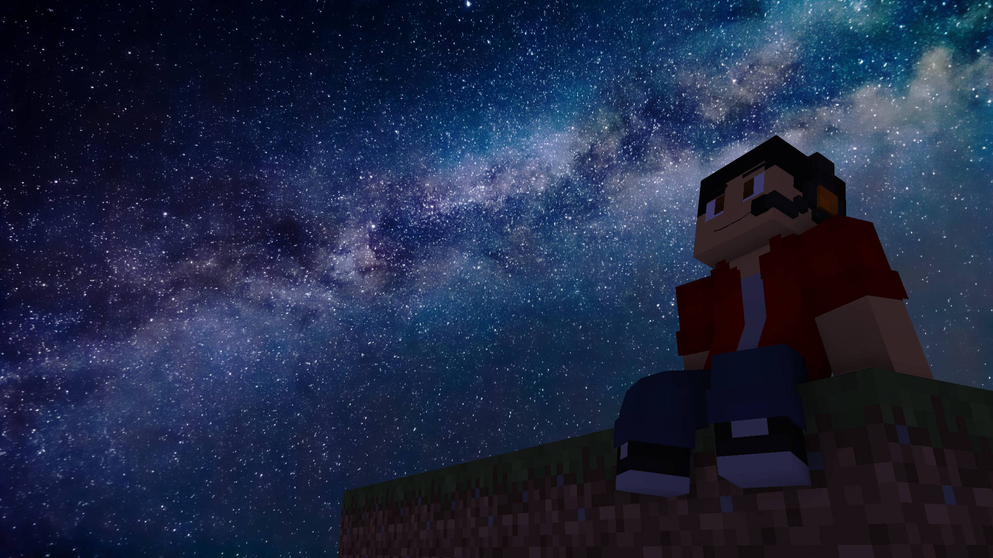 2K Minecraft 星空 壁紙 — 一個Minecraft角色坐在草地上，凝視著充滿銀河系的繁星夜空。