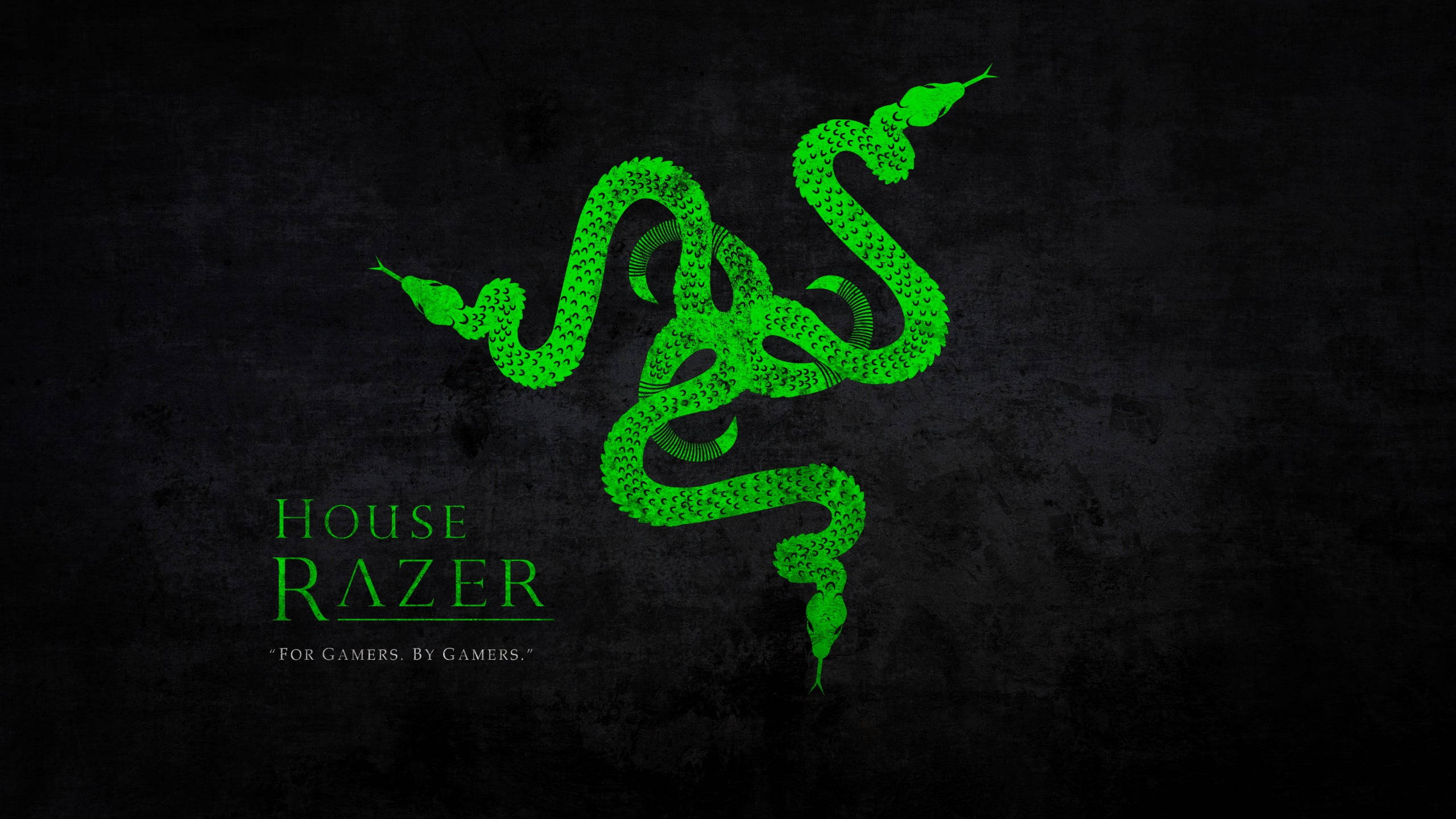 2K Razer 龍標誌 壁紙 — 在深色紋理背景上，帶有「House Razer」文字的發光綠色三頭蛇標誌。