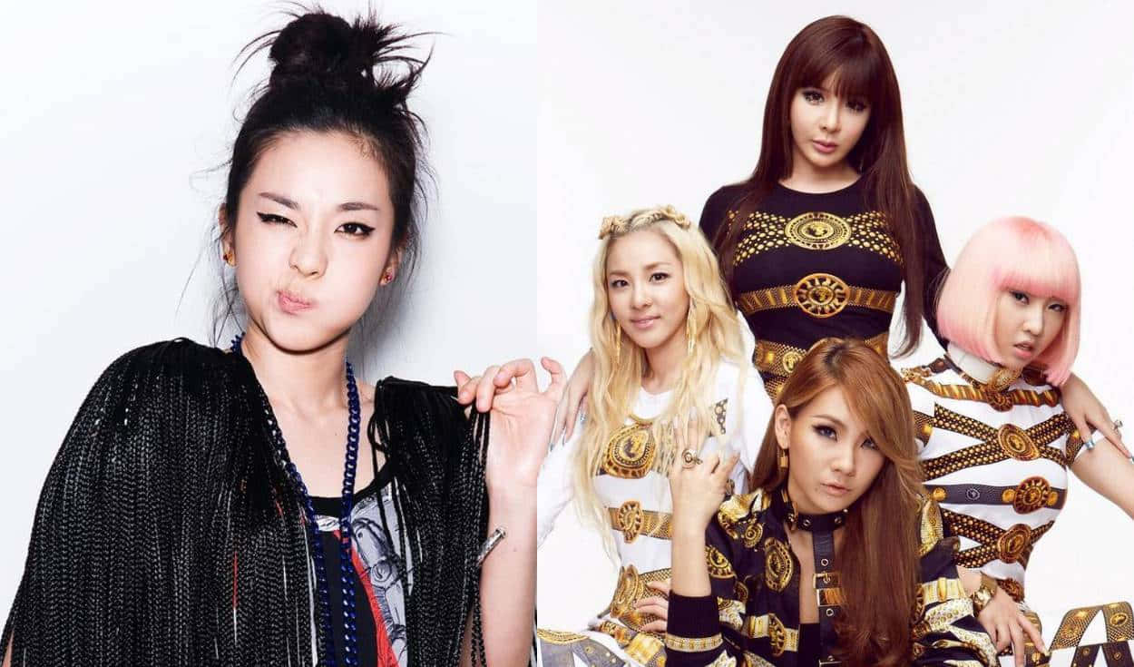 史上最佳女子組合：2NE1 壁紙 — 五位時尚女性在純白色背景下自信地擺姿勢，穿著大膽的黑色和金色服裝。