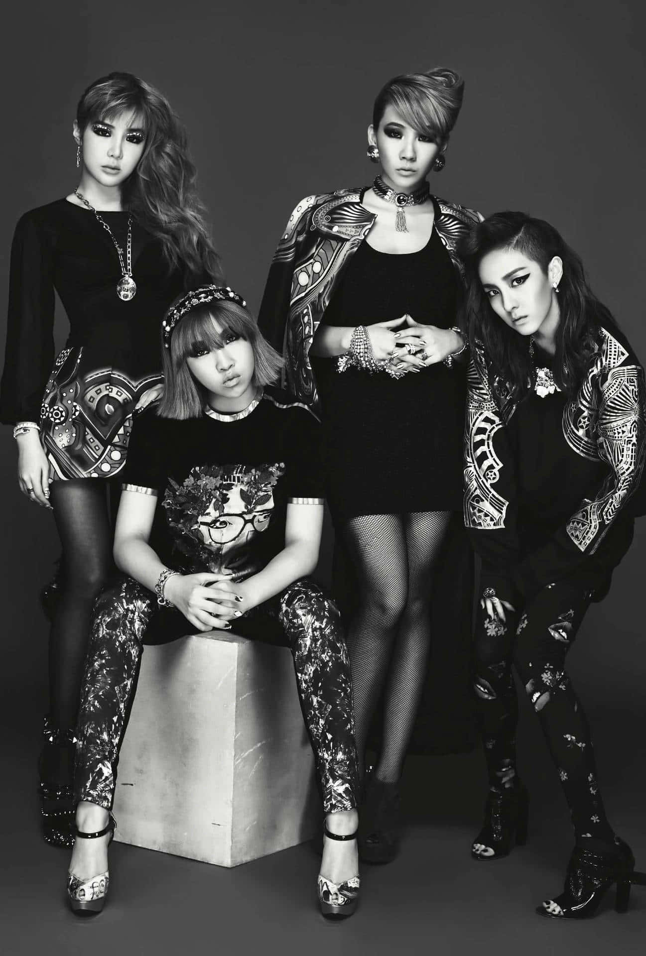 2NE1 的時尚活力風格 壁紙 — 四位時尚女性穿著大膽的黑白服裝，在純灰色背景前自信地擺姿勢。