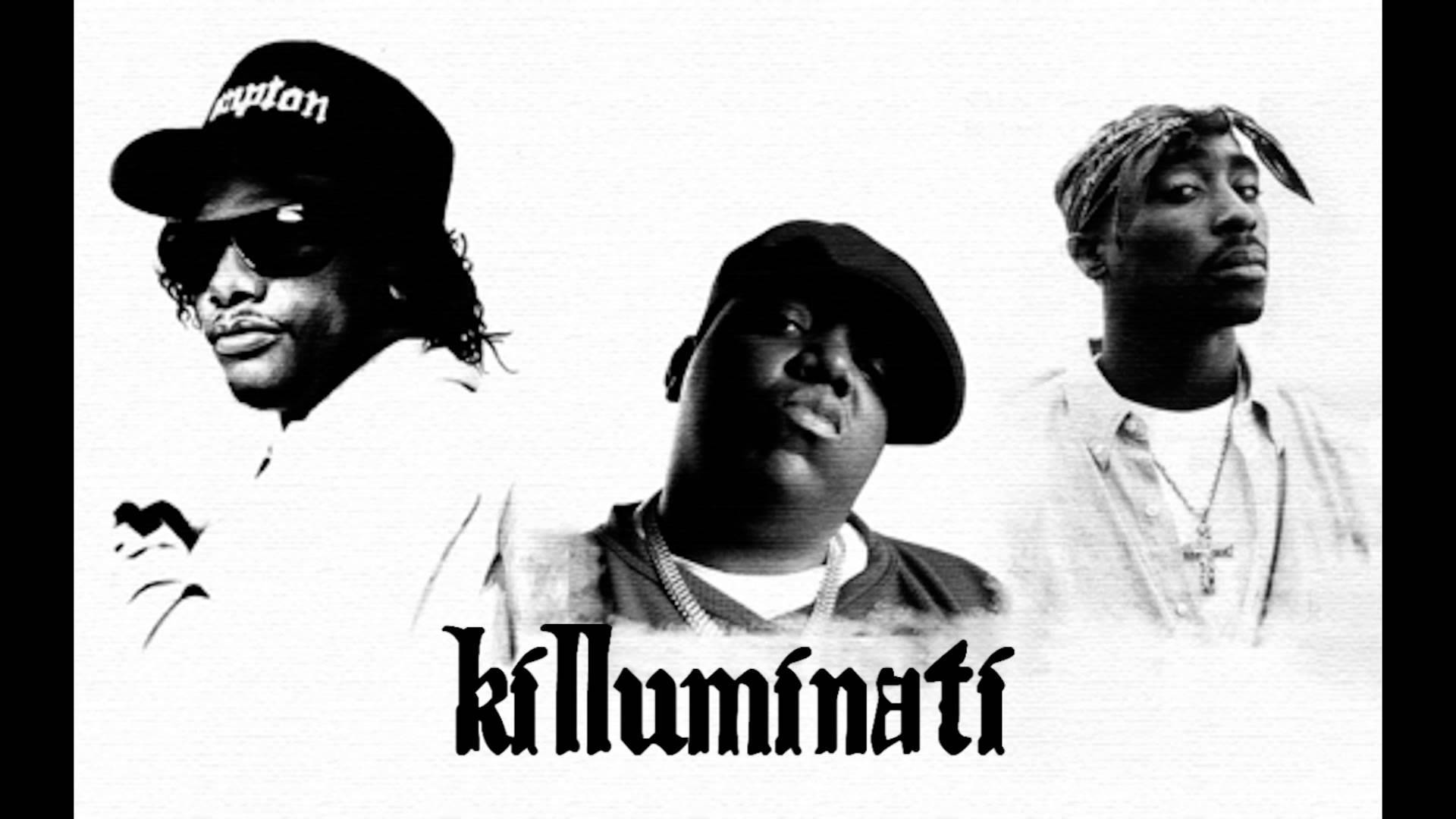 2Pac、Biggie與Eazy-E - Killuminati 壁紙 — 三位標誌性嘻哈藝術家的黑白圖像，下方帶有「killuminati」文字。