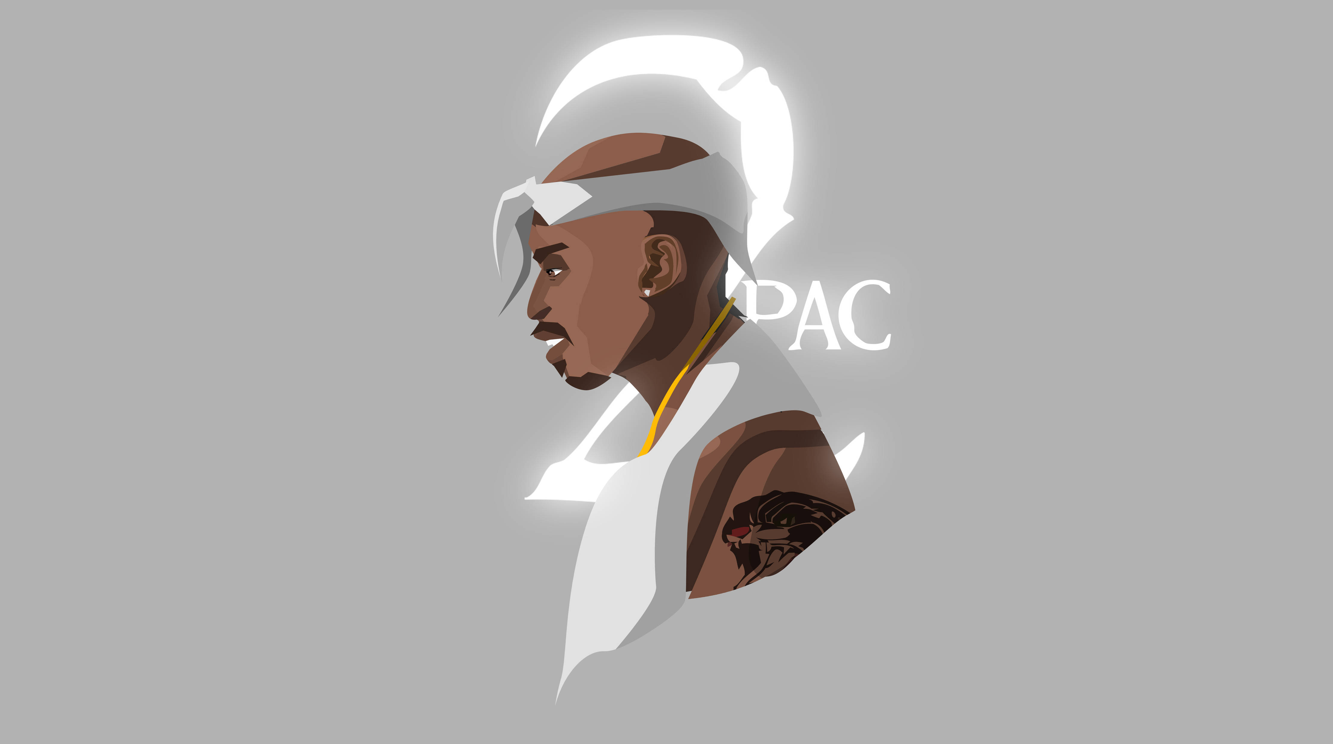 2Pac 灰色背景 2D 藝術 壁紙 — Tupac Shakur 的風格化插圖，側面輪廓，戴著白色頭帶和金鏈，背景為灰色。