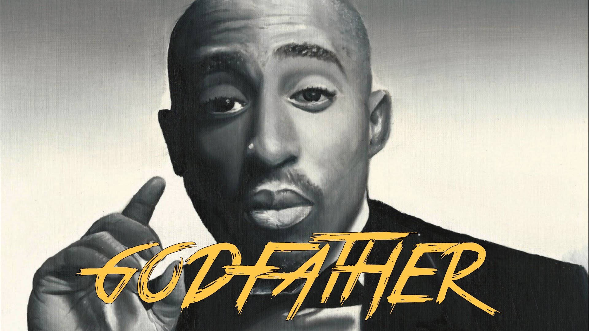 2Pac 西裝神父姿勢 壁紙 — Tupac Shakur 的風格化黑白肖像，向上指，並疊加粗體黃色 'GODFATHER' 文字。