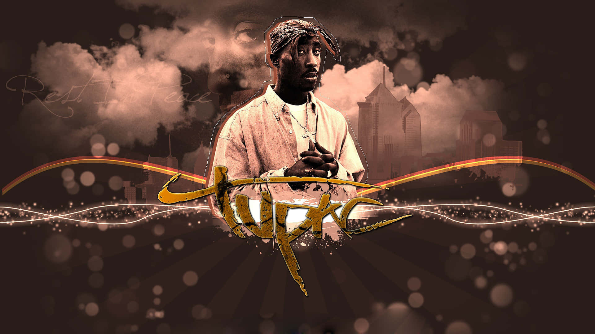Tupac Shakur 肖像，帶有金色塗鴉文字和身後的城市天際線。
