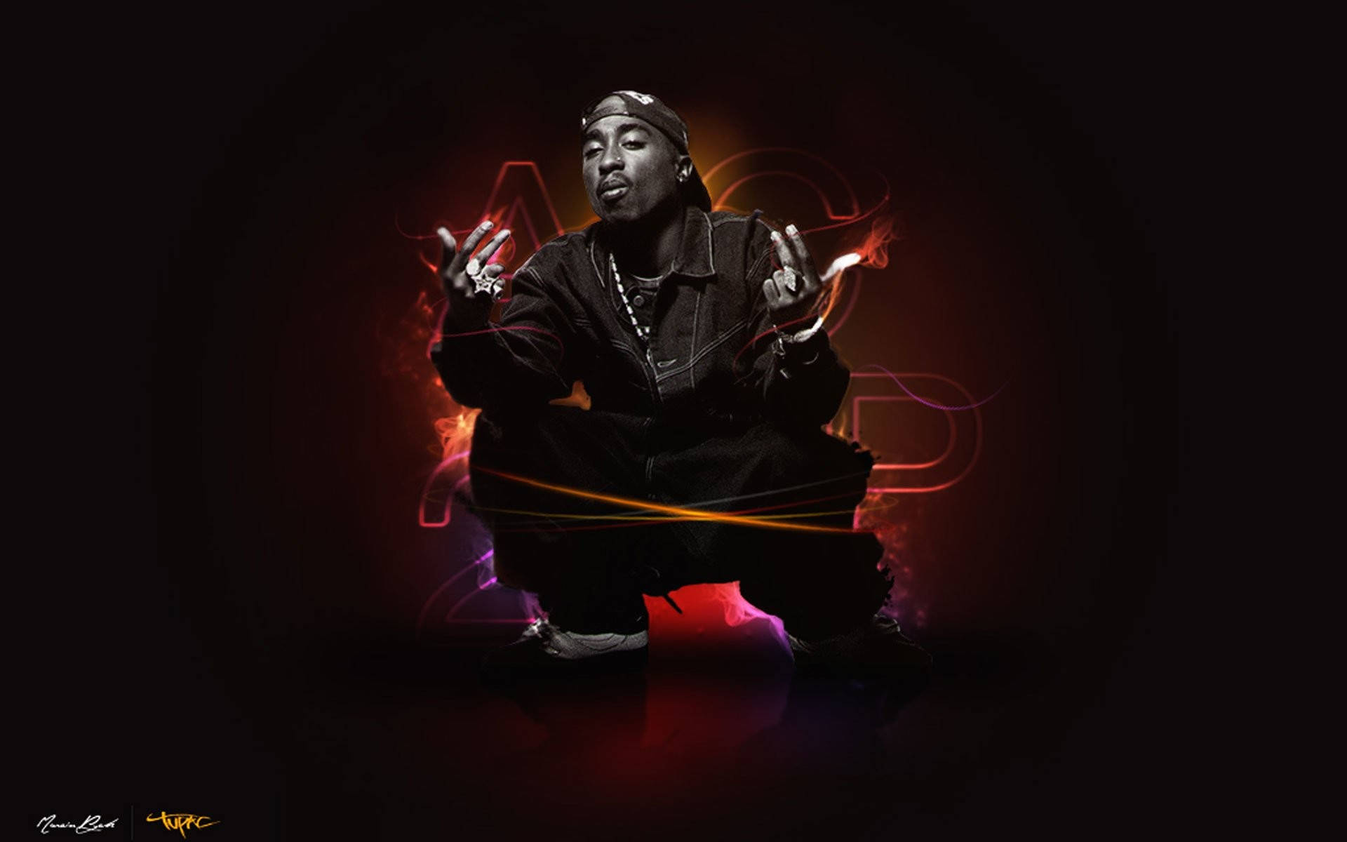 2Pac閃耀紅色背景 壁紙 — 一幅風格化的肖像，Tupac Shakur 蹲伏著，身後有發光的霓虹能量軌跡，背景為深色。