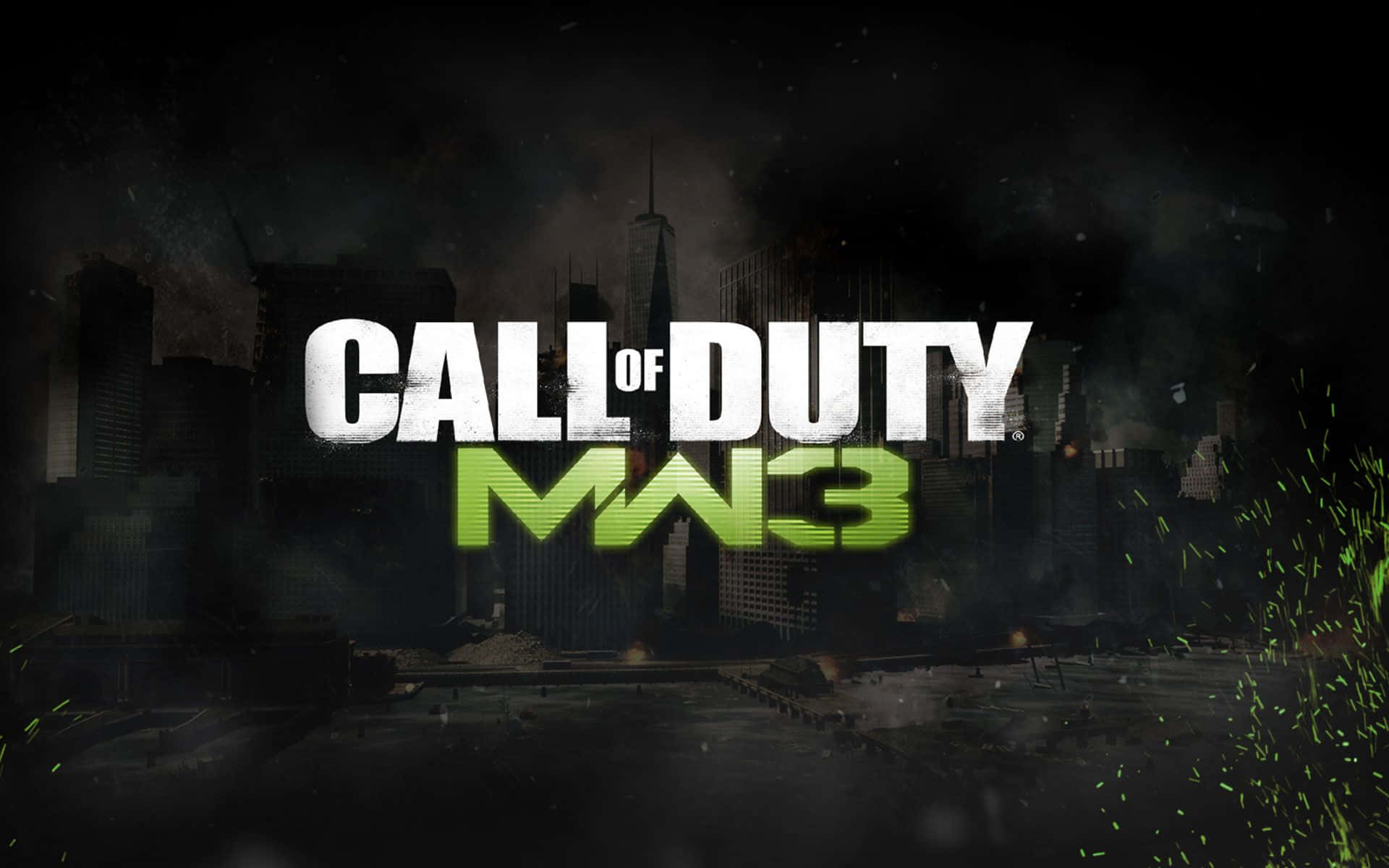 《現代戰爭3》暗色紐約市背景標誌 壁紙 — Call of Duty MW3 標誌在黑暗煙霧彌漫、高樓大廈崩塌的城市戰場上發出綠色光芒。