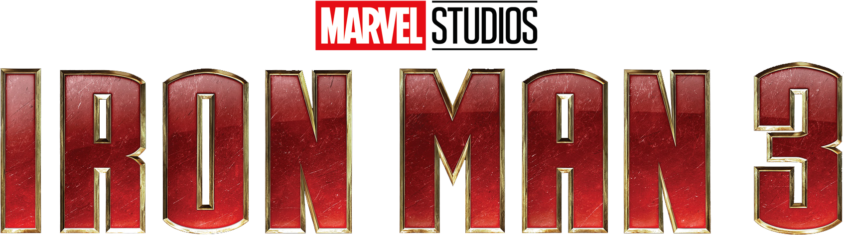 鋼鐵人3電影標誌 壁紙 — 在黑色背景上，帶有Marvel Studios品牌的醒目紅色和金色「鐵甲奇俠3」標題標誌。