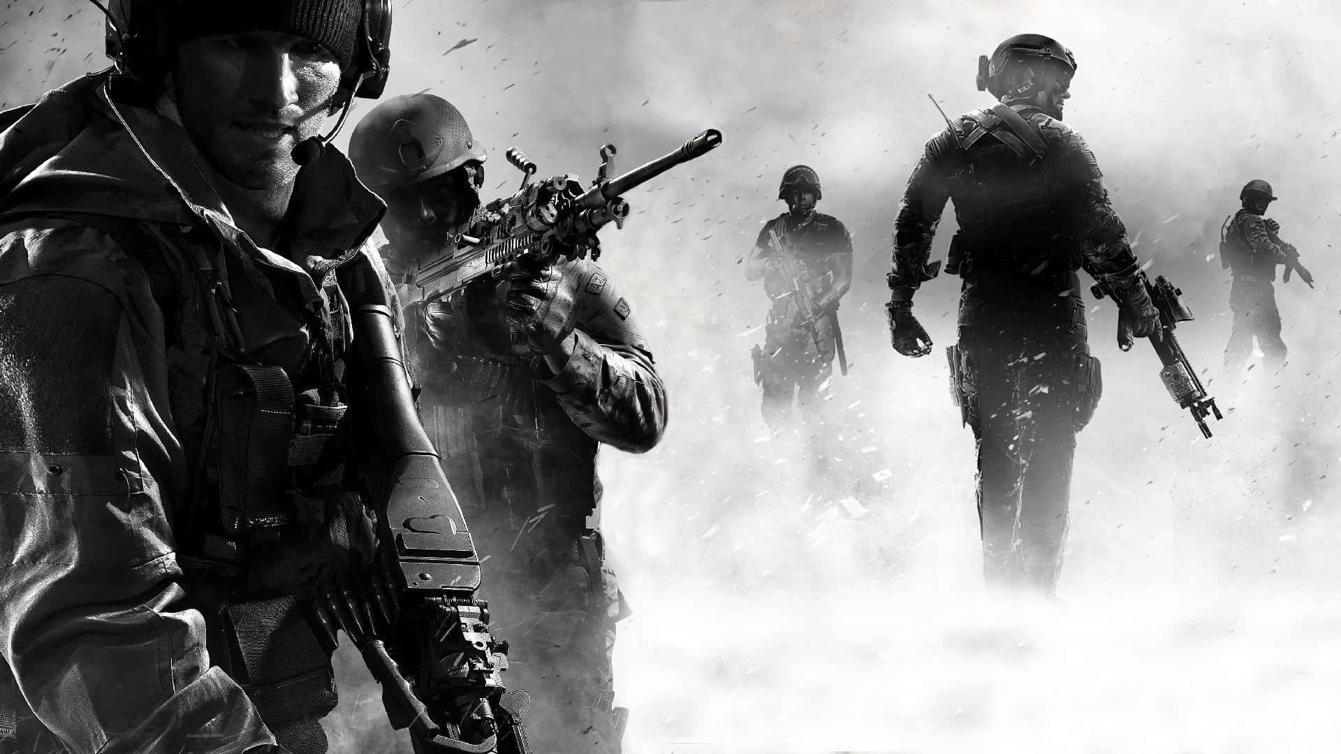 《現代戰爭3》黑白士兵戰鬥場景 壁紙 — 身穿戰術裝備的士兵在煙霧瀰漫的戰場上前進，呈現粗糙的黑白場景。