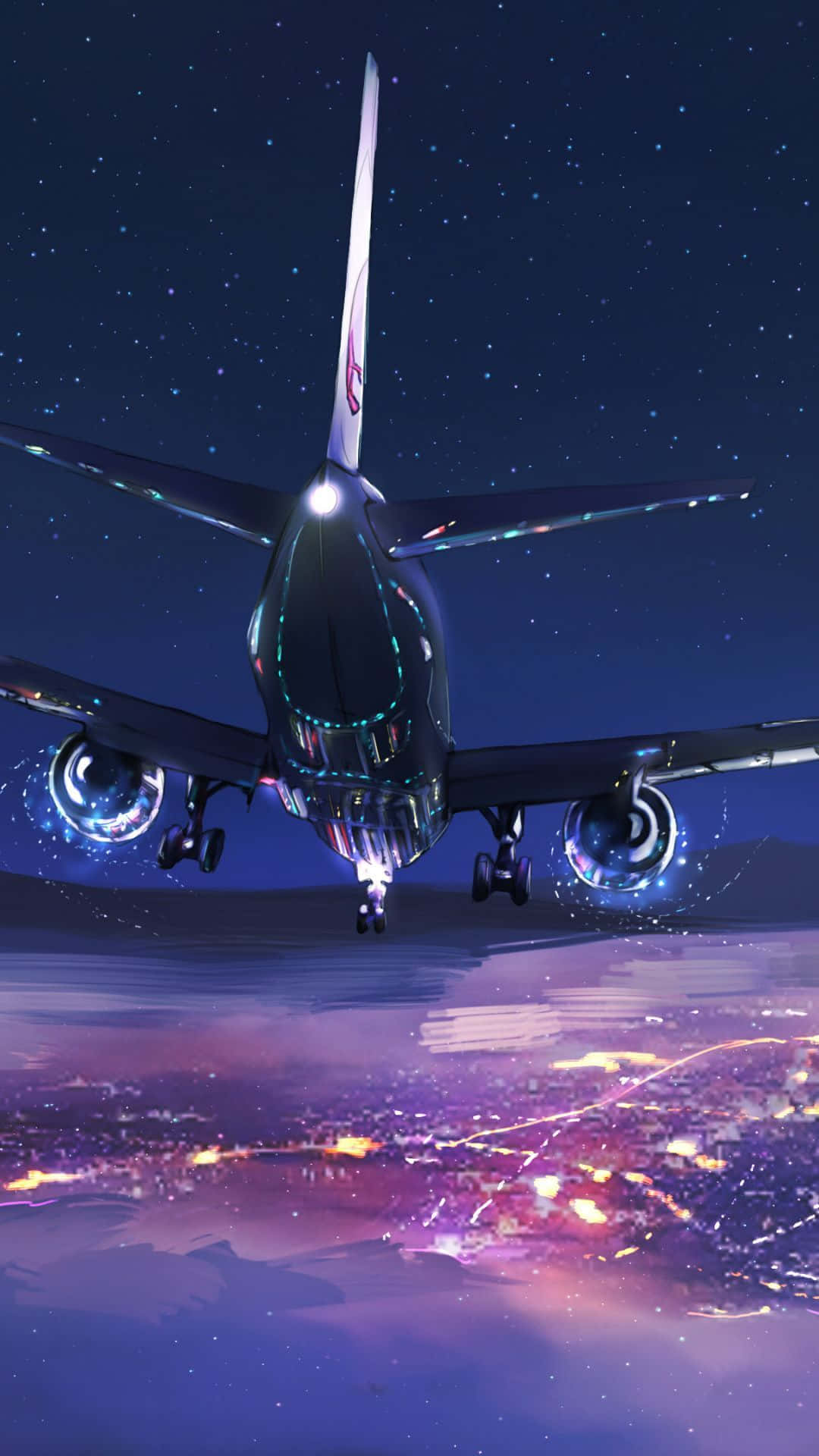 像素3小型飛機背景：夜景城市 壁紙 — 一架未來風格的飛機在繁星點點的夜空下，降臨在散發光芒的城市景觀之上，充滿活力的紫色和藍色調。