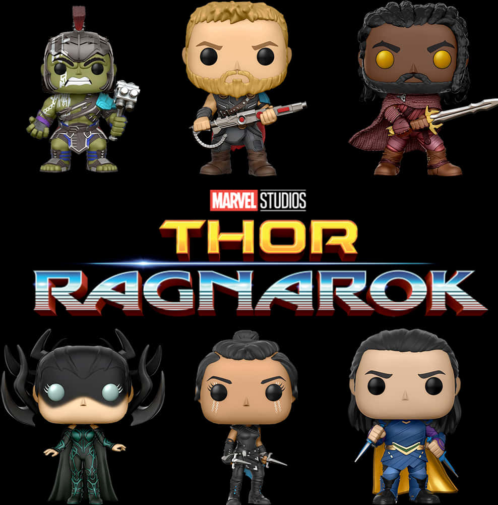 《雷神3：諸神黃昏》Funko Pop 收藏系列 壁紙 — 六個來自《雷神奇俠3：諸神黃昏》的Funko Pop公仔站在黑色背景前，電影標題在下方發光。