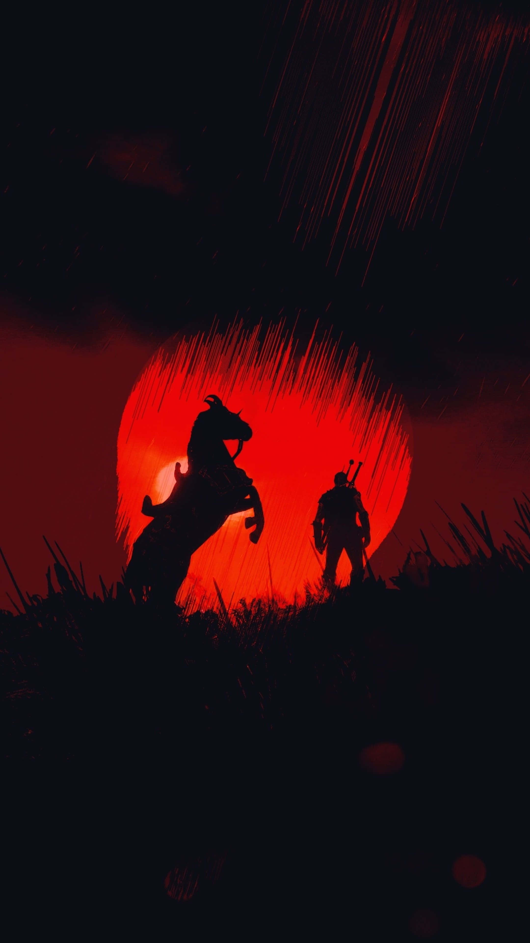 《巫師 3》紅月與人馬剪影手機壁紙 壁紙 — 戰士和馬的剪影站在山丘上，背景是熾熱的紅太陽和雨絲。