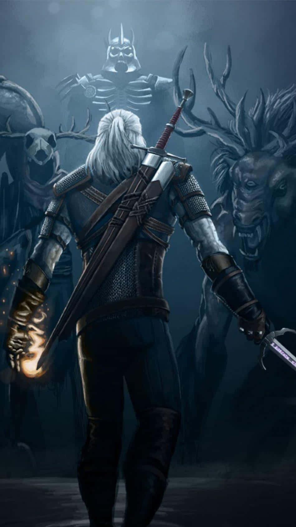 以手機踏入獵魔人3的世界 壁紙 — 一個孤獨的白髮戰士身穿盔甲，拔劍向前，面對黑暗迷霧森林中的陰影怪物形象。
